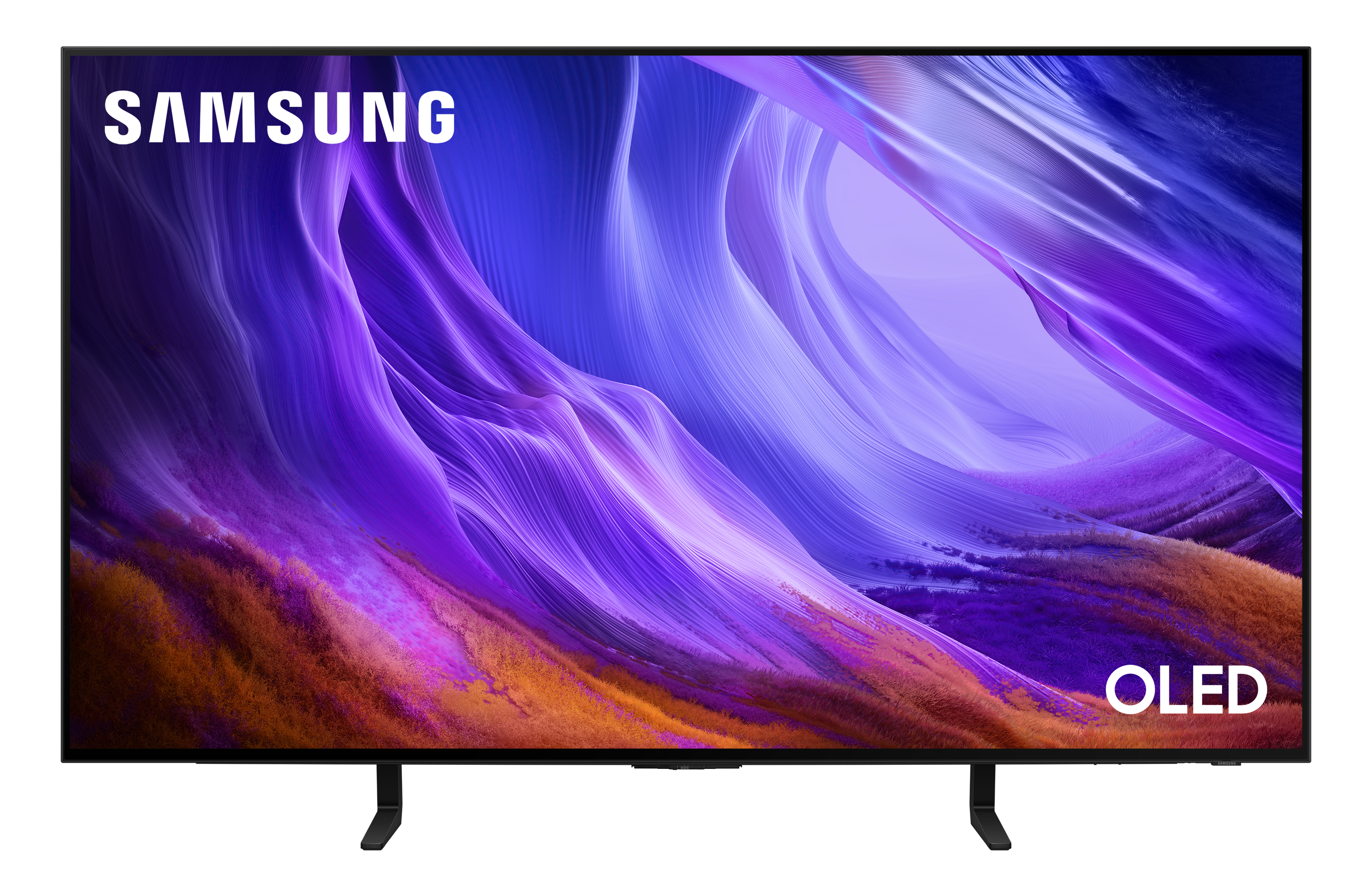 Telewizor Samsung OLED wyświetla abstrakcyjne, faliste tło w odcieniach fioletu i błękitu.