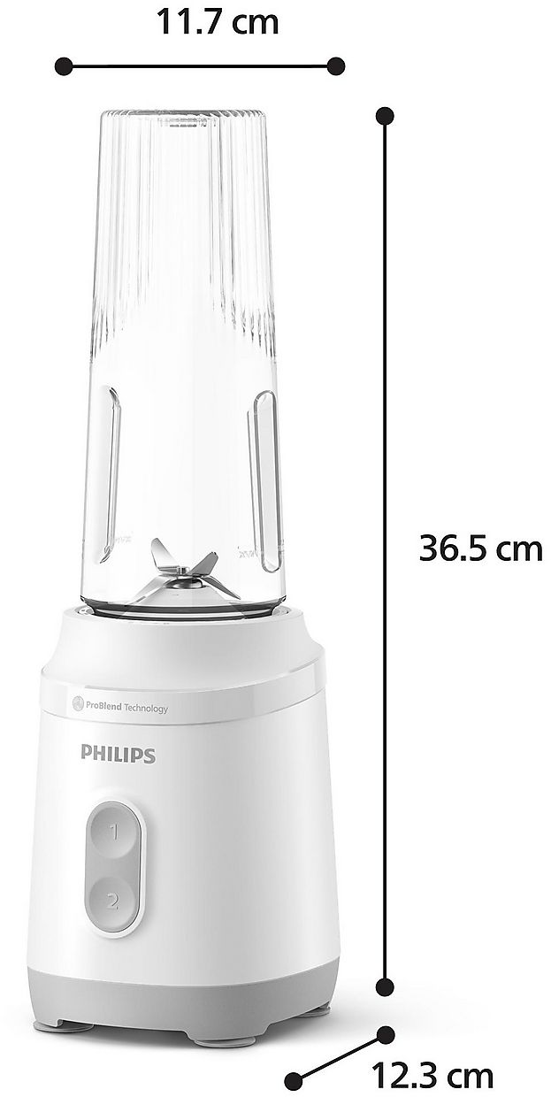 Ein weißer Philips Mixer mit transparentem Behälter und grauen Bedienelementen.
