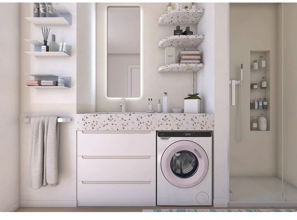 Modernes Badezimmer mit Waschmaschine, Spiegel, Waschbecken und Dusche.