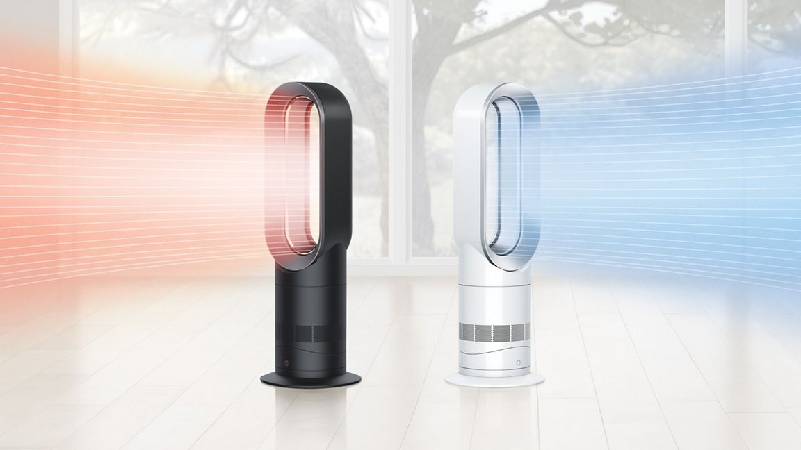 Ein schwarzer und ein weißer Turmventilator mit Luftstrom in Rot und Blau.
