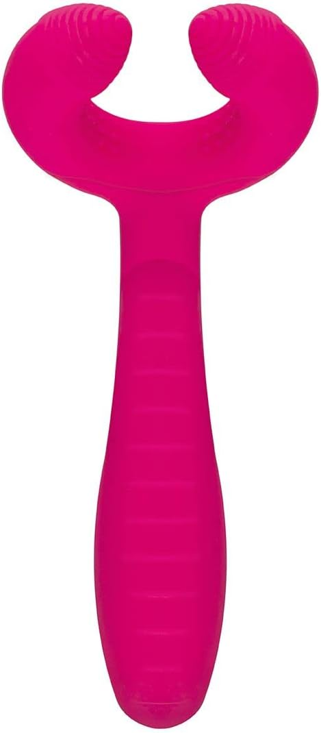 Un vibromasseur rose vif avec un manche et une tête courbée.