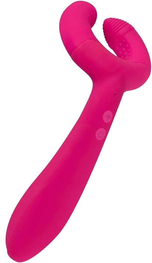 Un vibromasseur rose de forme courbée avec une pointe texturée.