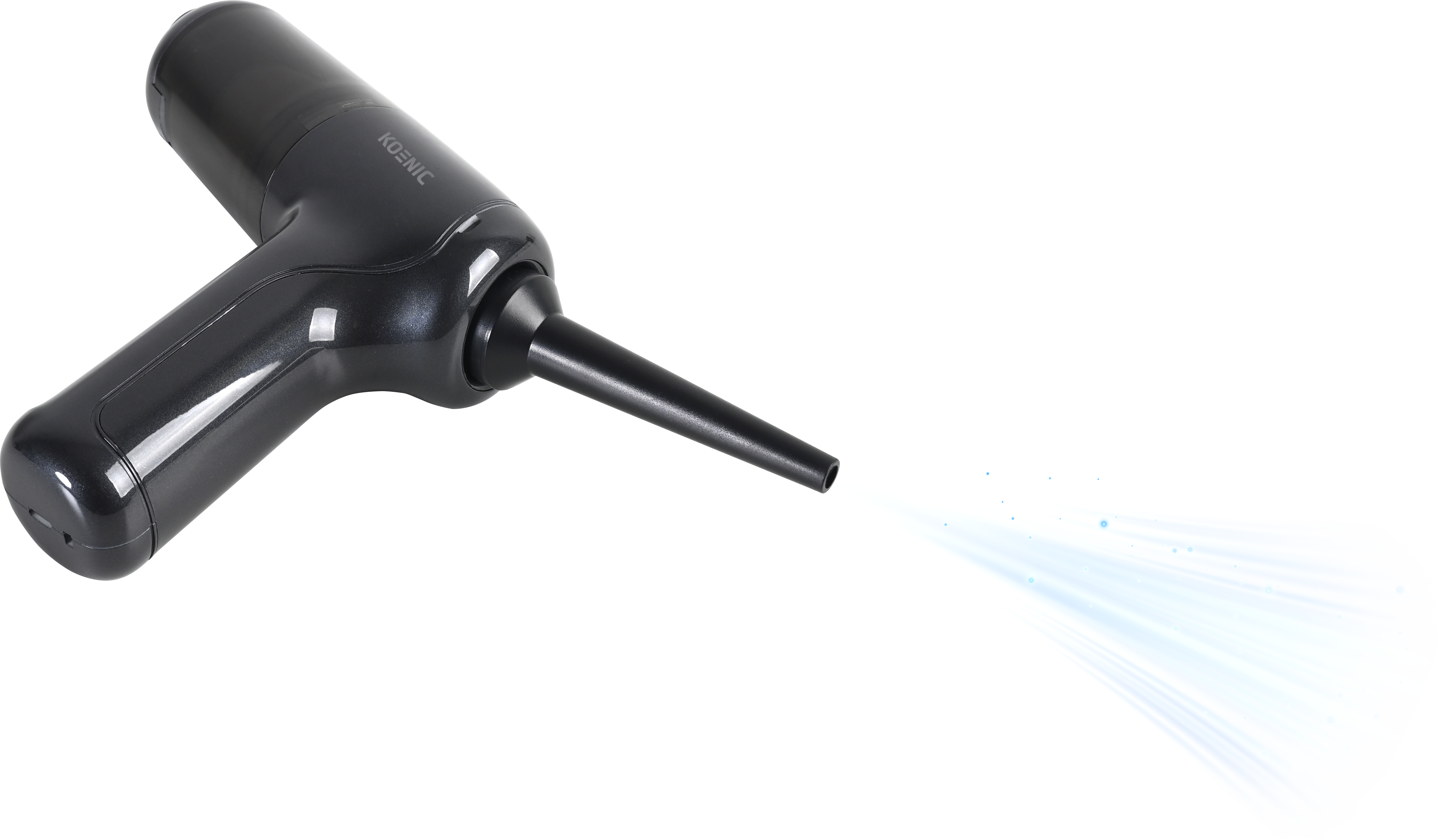 Ein schwarzes, kabelloses Gebläse sprüht einen blauen Lichtstrahl mit Partikeln.
