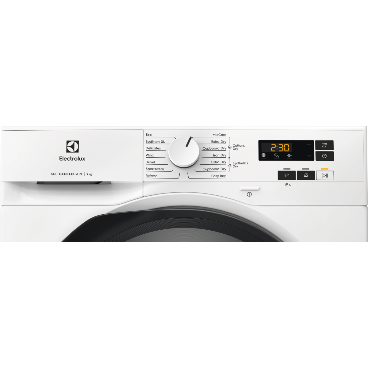 Fehér Electrolux szárítógép eleje kezelőpanellel és digitális kijelzővel.