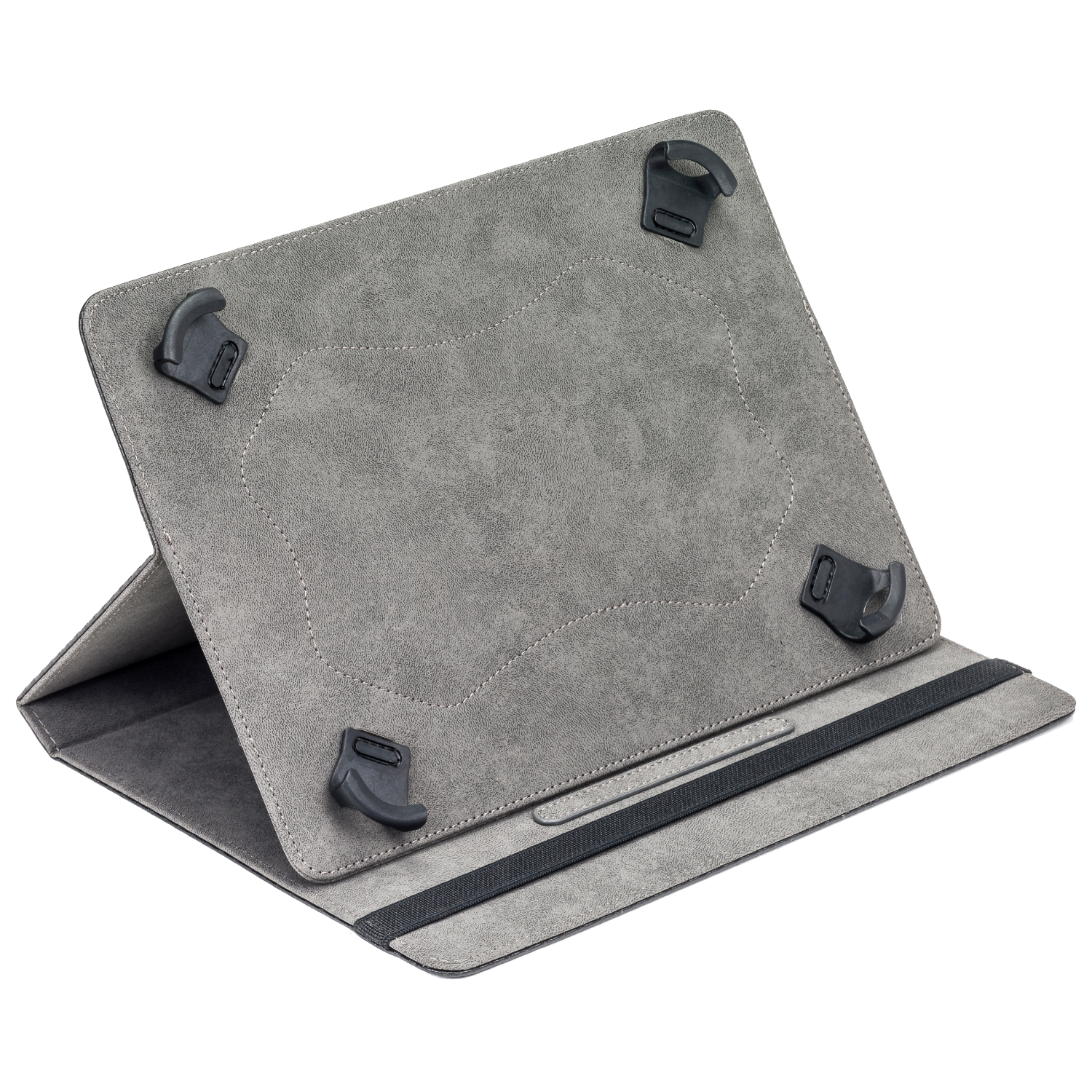 Funda gris para tableta con cuatro clips de sujeción y banda elástica negra.