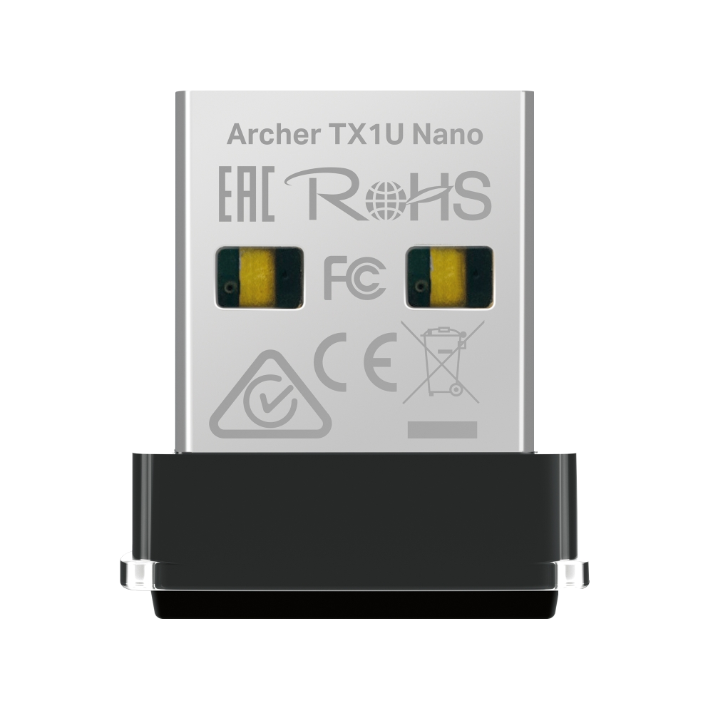 Un pequeño adaptador Wi-Fi USB plateado con conector negro. Incluye logos.