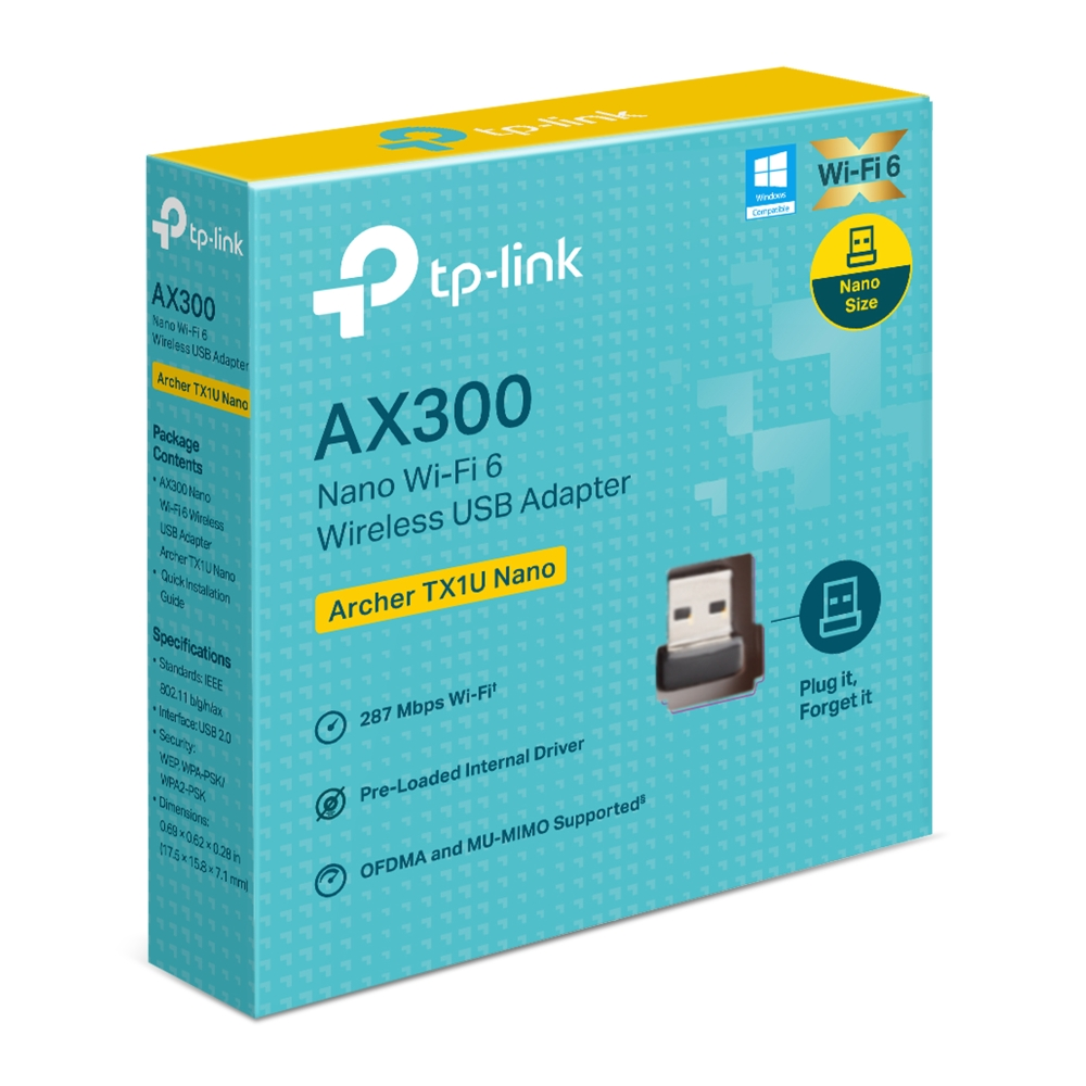 Embalaje adaptador USB TP-Link AX300 Nano Wi-Fi 6 con imagen y especificaciones.