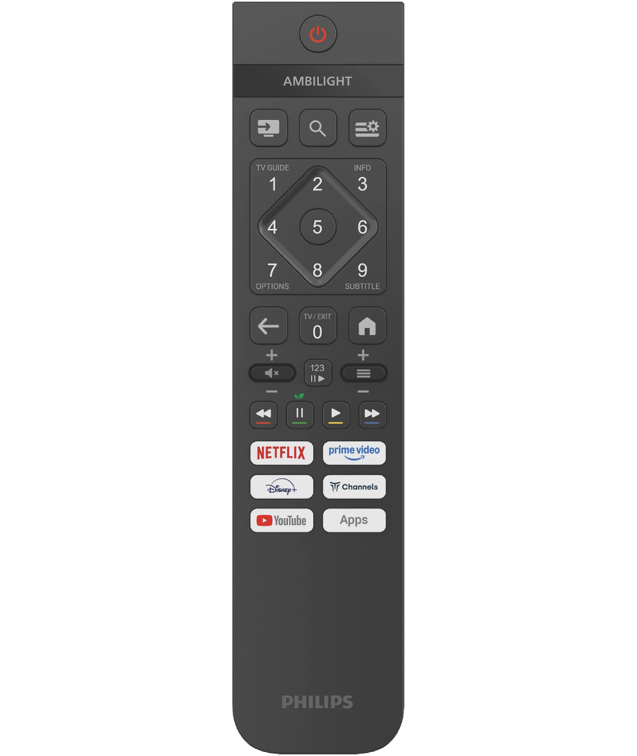 Un mando a distancia oscuro con etiqueta Ambilight y botones para Netflix, Prime Video, YouTube.