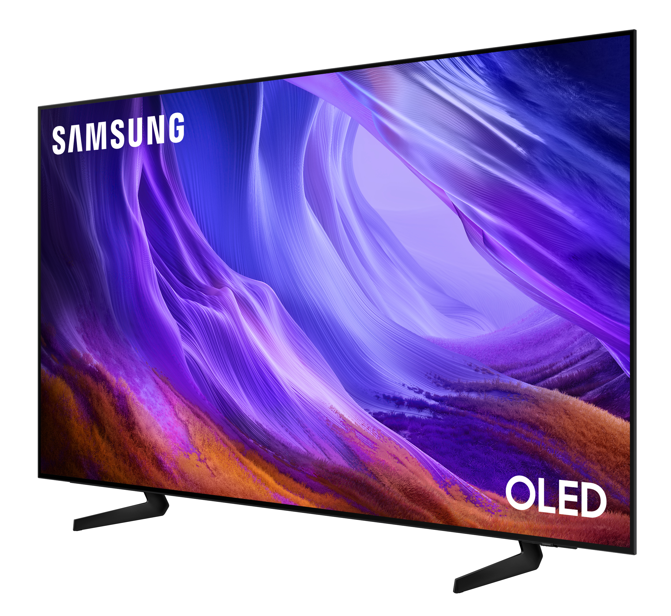 Telewizor Samsung OLED wyświetlający fioletowe i pomarańczowe treści na czarnym tle.