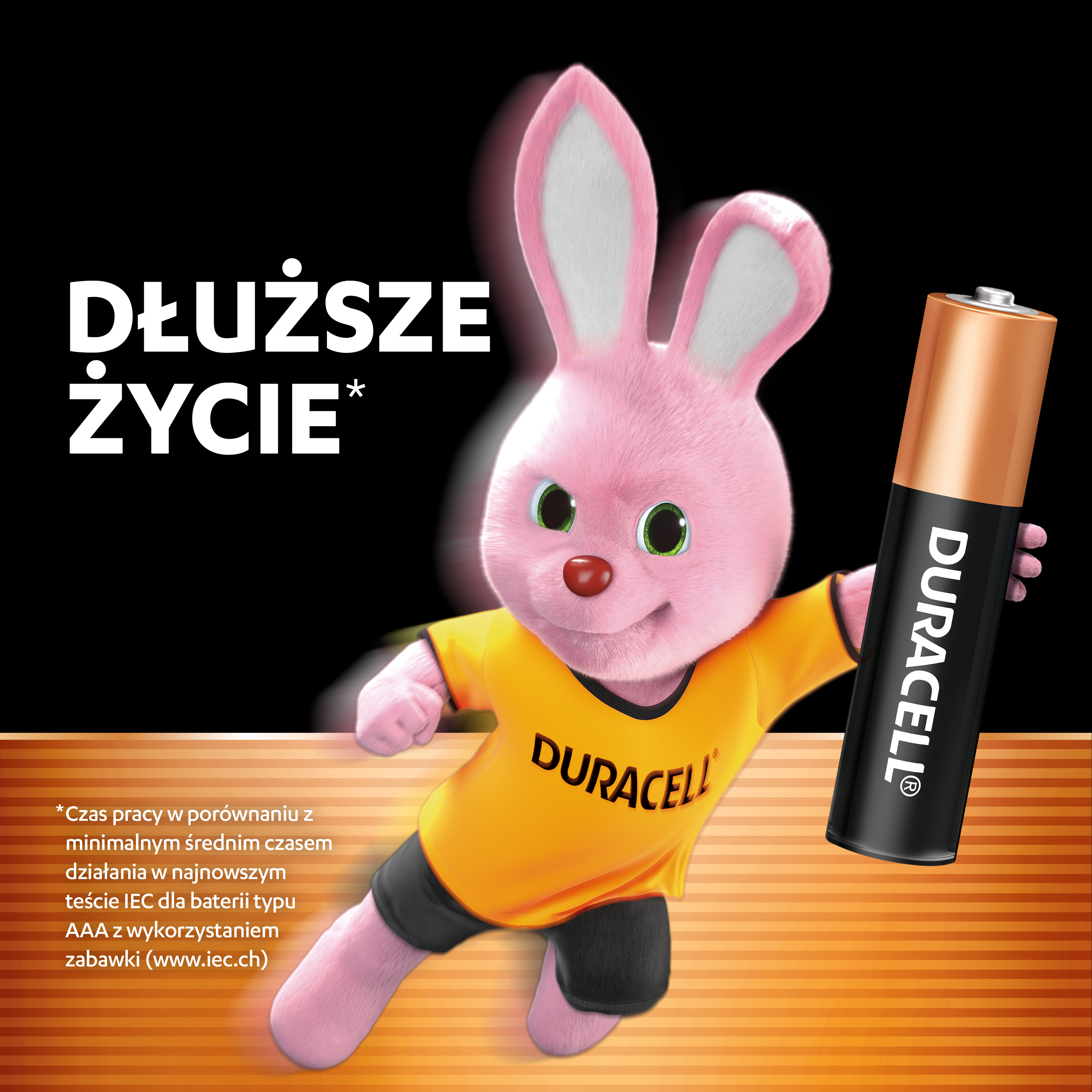 Różowy króliczek trzyma baterię Duracell. Tekst: Dłuższe życie.