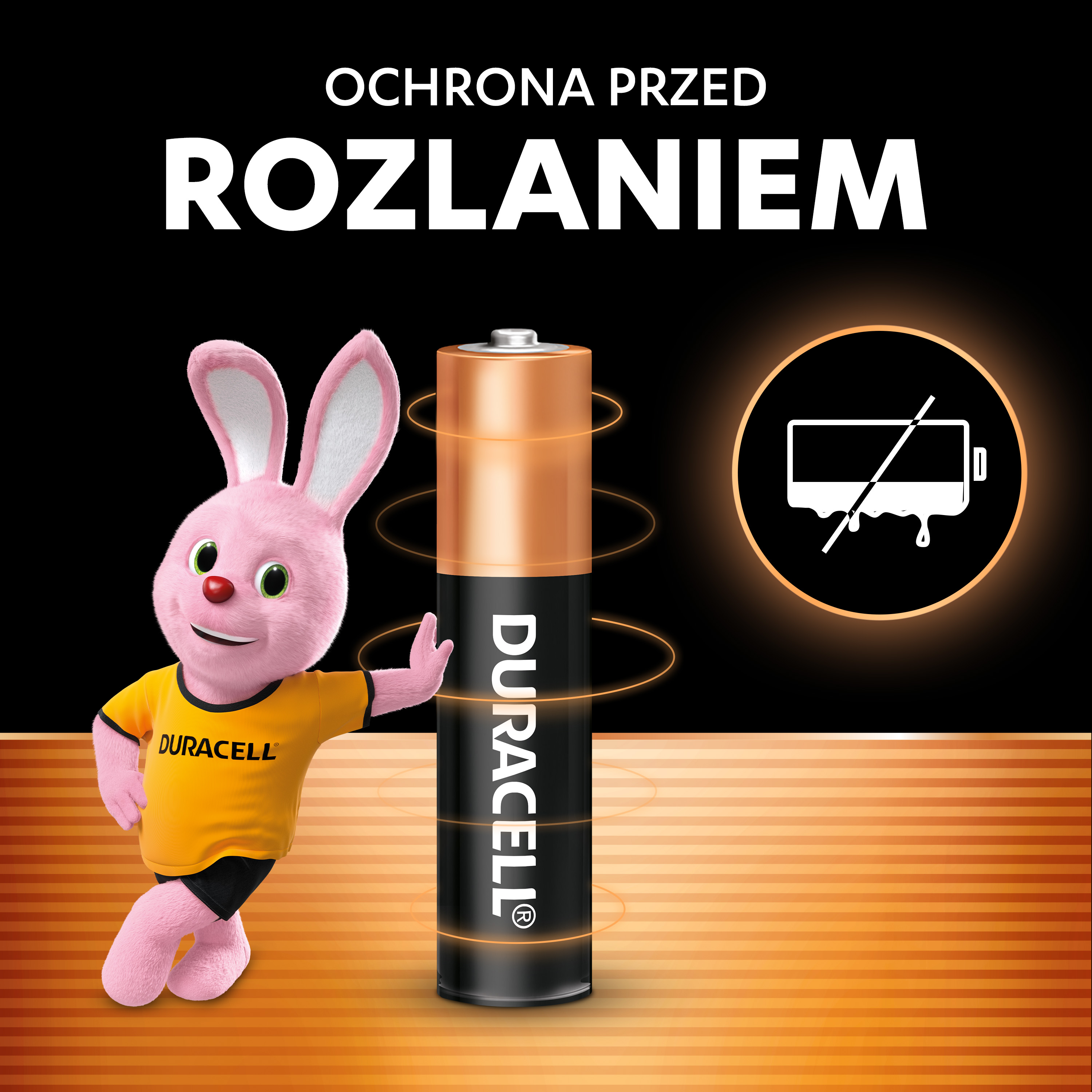 Różowy króliczek w ubraniu Duracell stoi obok baterii. Ochrona przed wyciekiem.