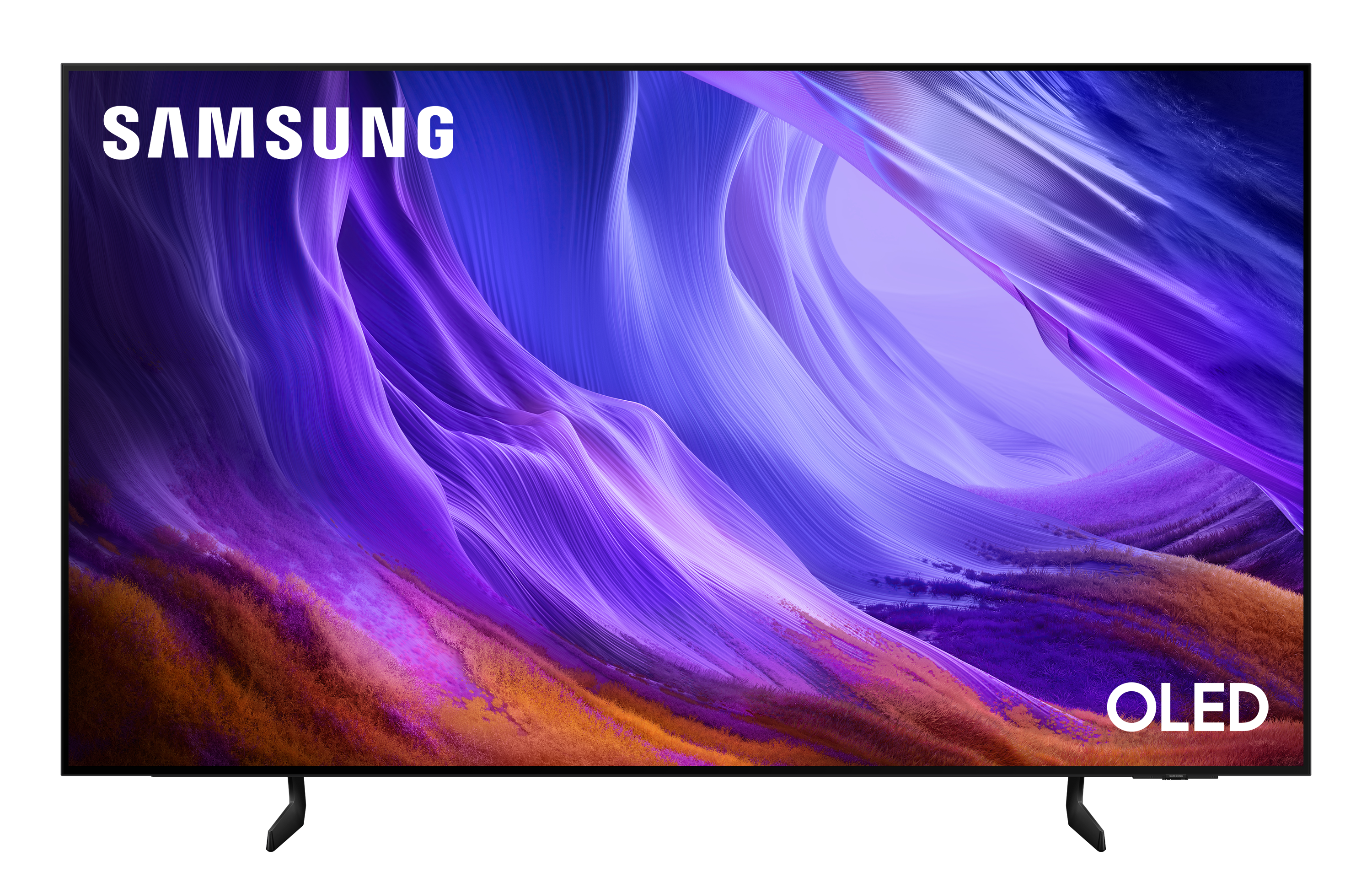 Telewizor Samsung OLED z abstrakcyjnym fioletowo-pomarańczowym tłem.