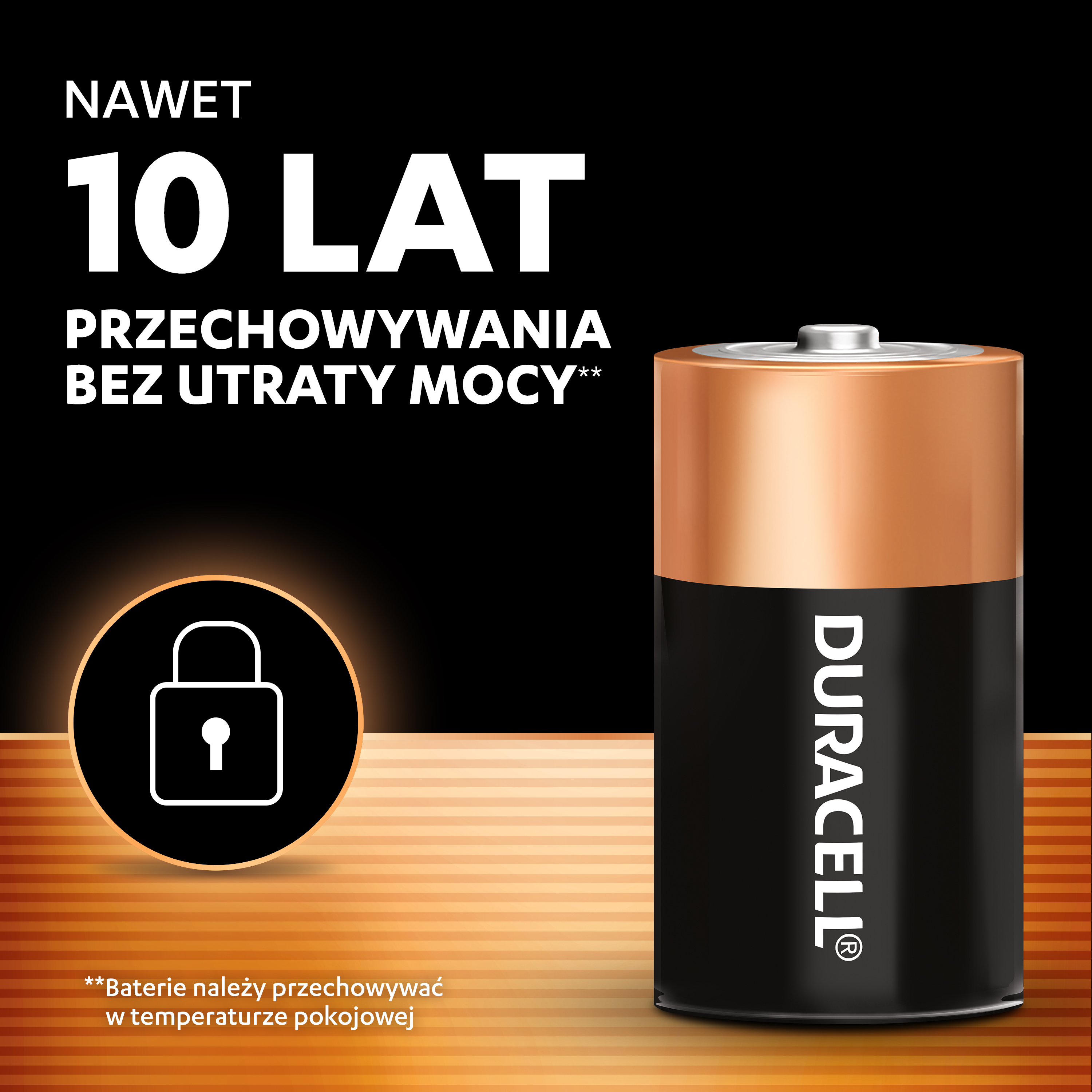 Bateria Duracell 10 lat przechowywania. Symbol kłódki.