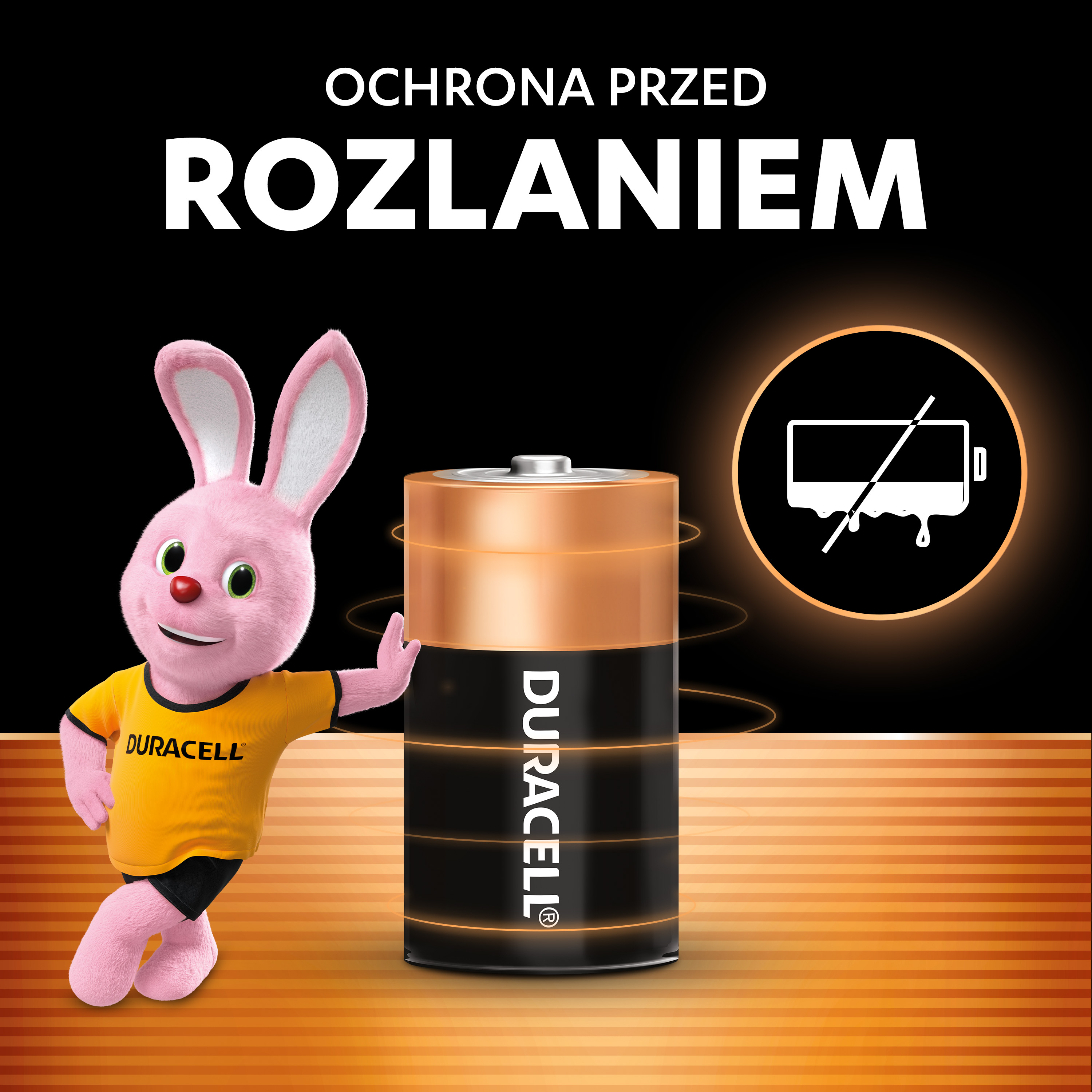 Królik Duracell reklamuje baterię z ochroną przed wyciekiem. Symbol rozładowanej baterii.