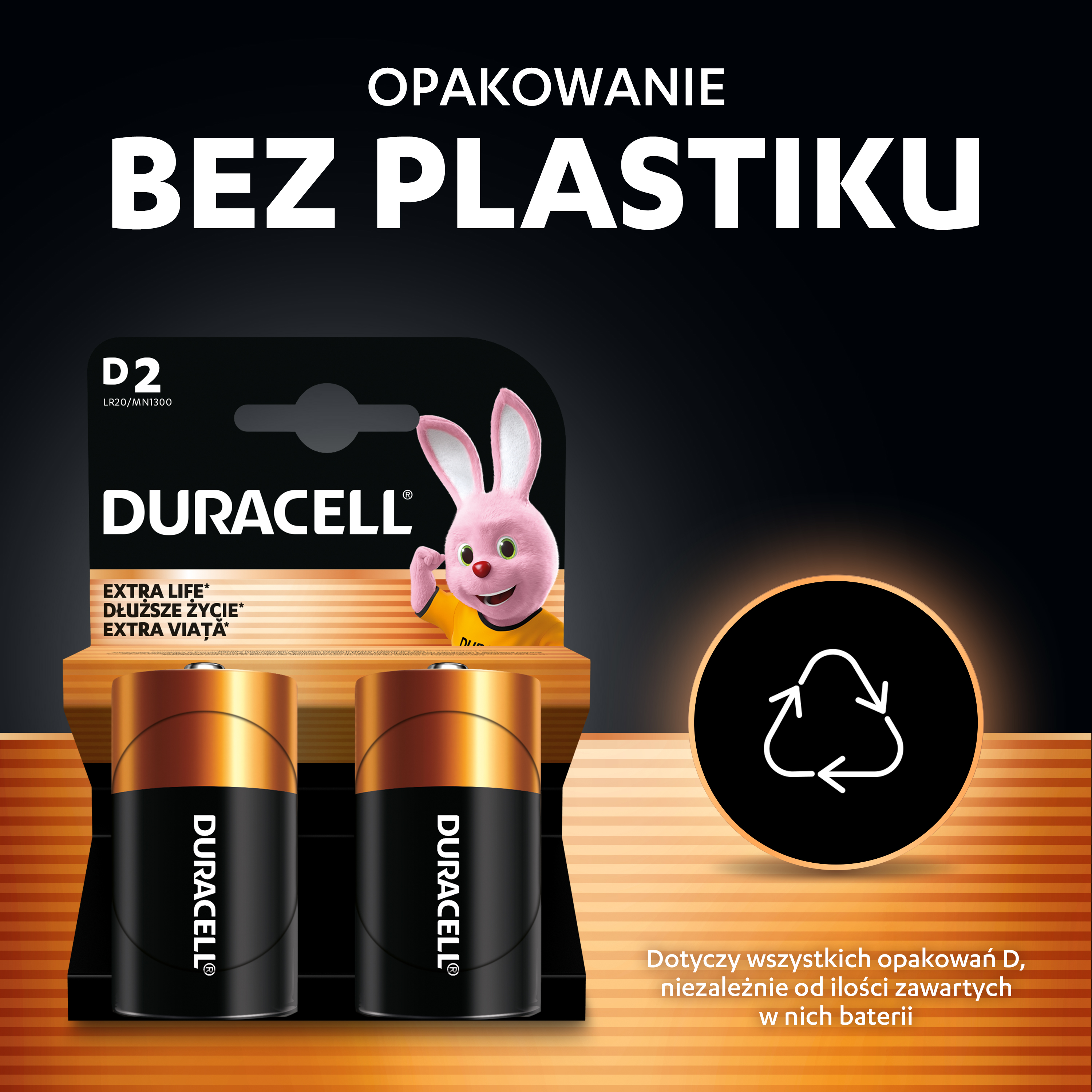 Baterie Duracell D w opakowaniu bez plastiku z różowym zajączkiem i symbolem recyklingu.