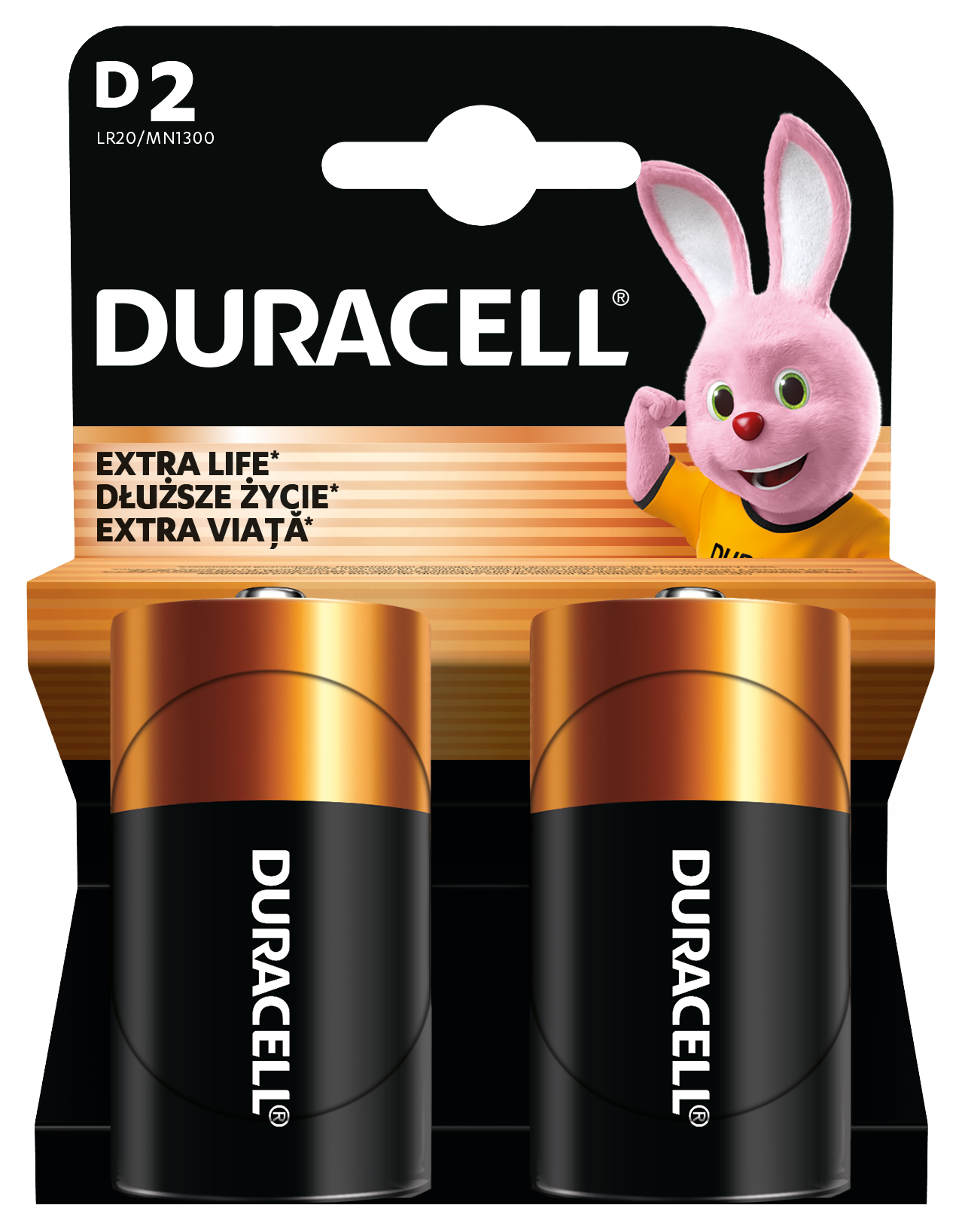 Dwie baterie Duracell D z różowym króliczkiem na opakowaniu.