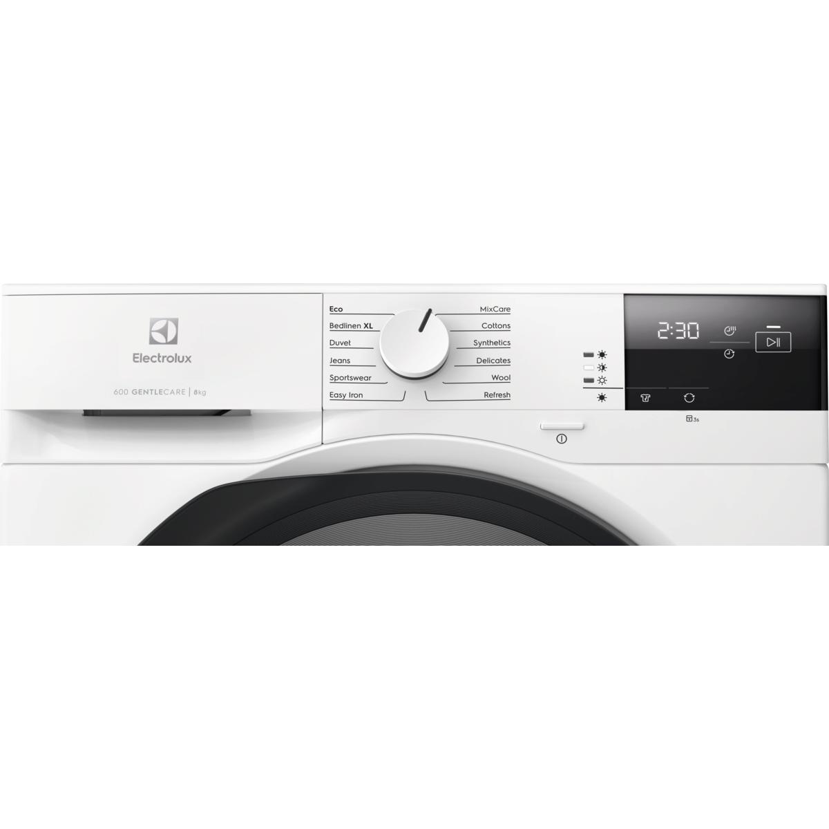 Fehér Electrolux mosógép elölnézete kezelőpanellel.