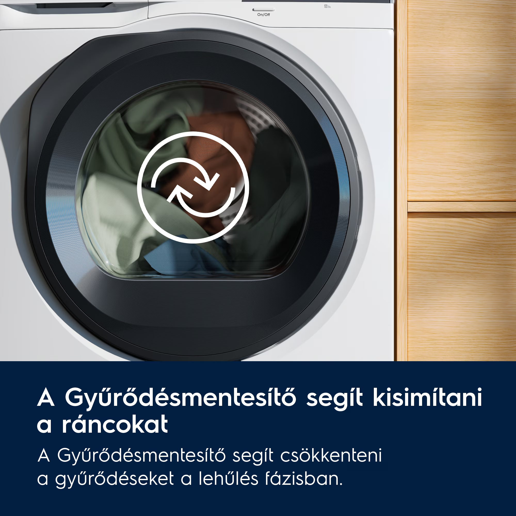 Fehér szárítógép zárt ajtóval és keringő levegő szimbólummal.