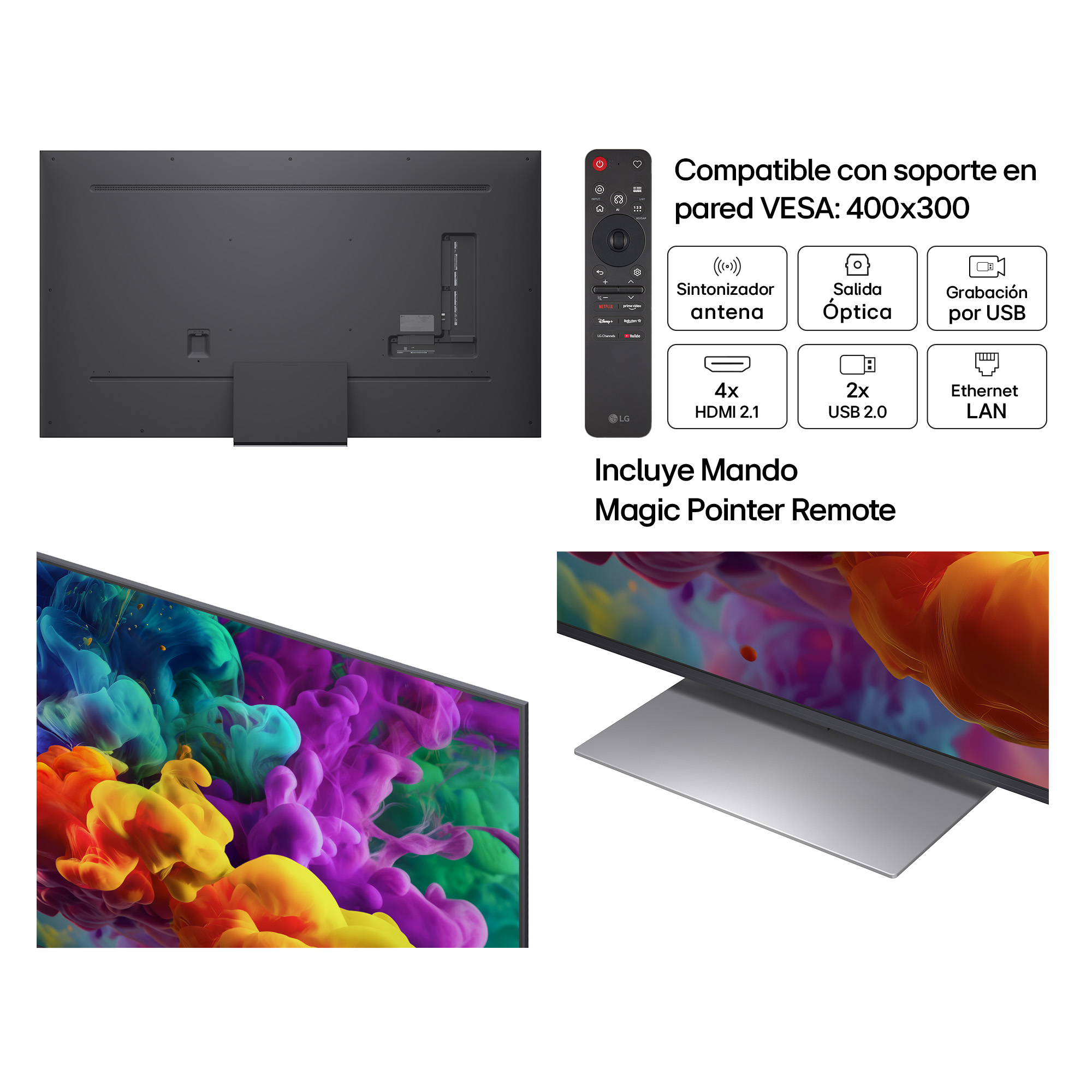 Parte trasera de un televisor LG que muestra puertos y un mando a distancia.