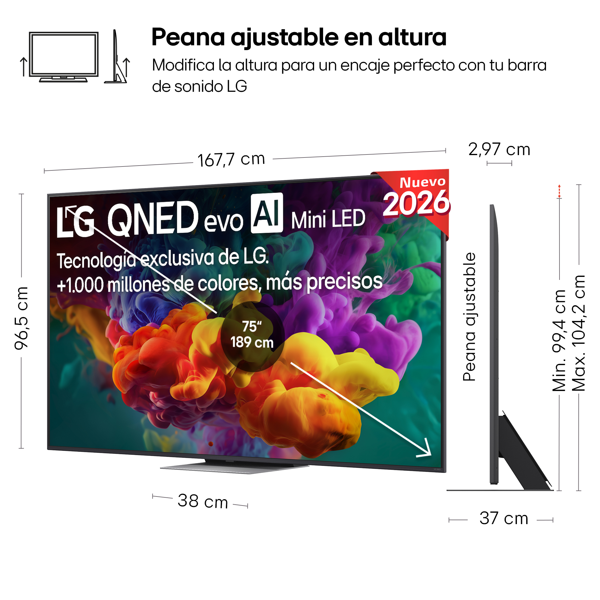 Televisor LG QNED de 75" con peana ajustable, ancho 167,7 cm, alto 96,5 cm.