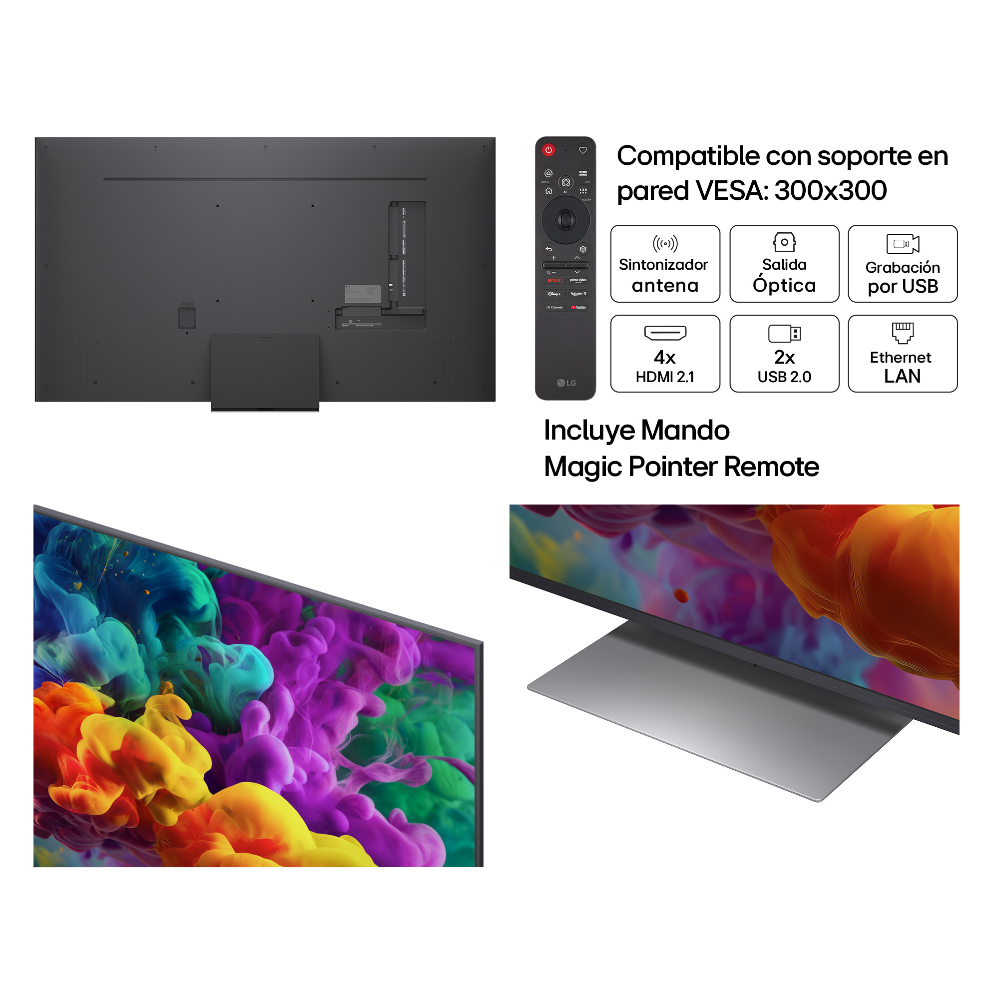 Parte trasera de TV LG, mando y detalles de conexión.