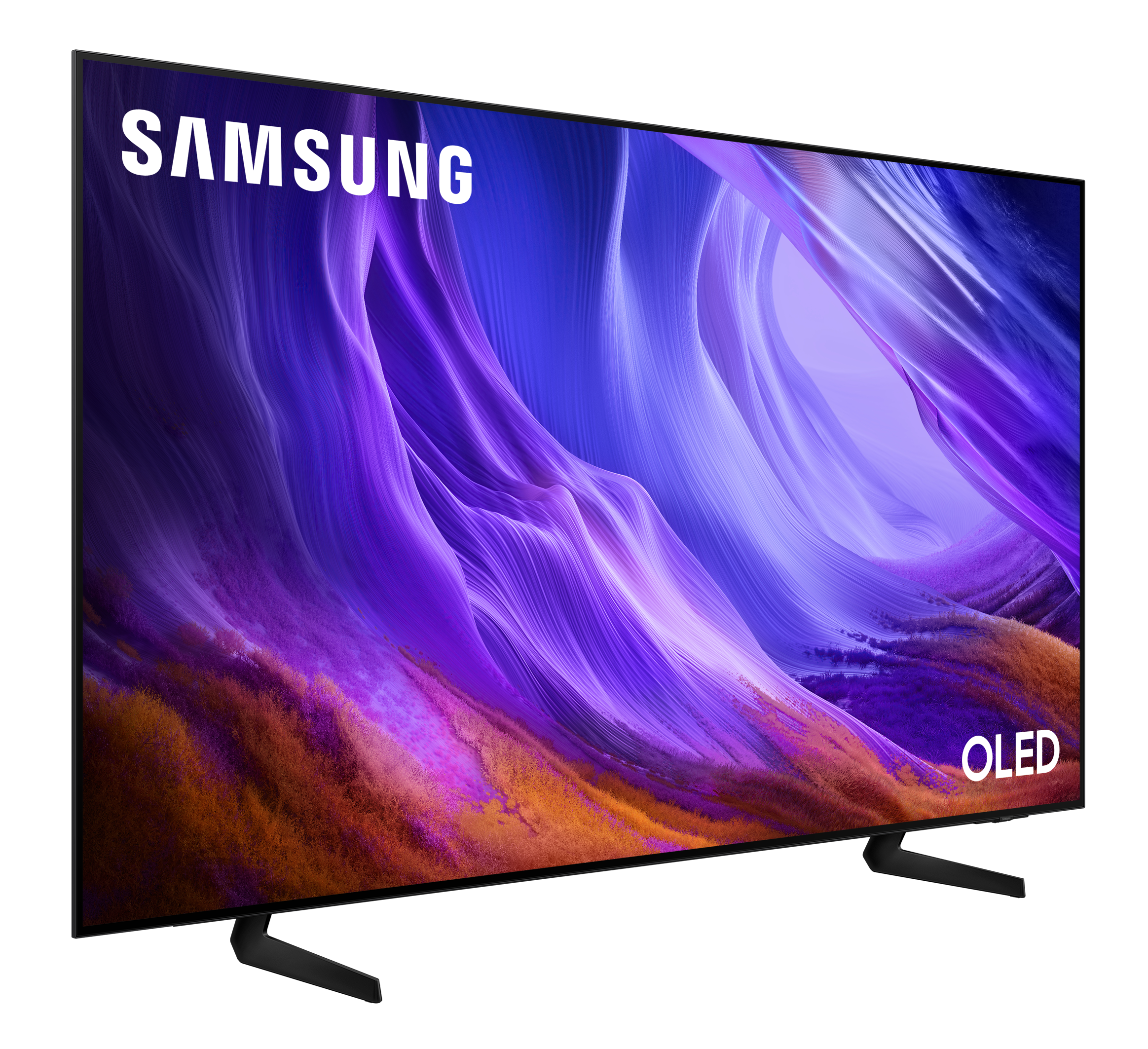 Telewizor Samsung OLED z abstrakcyjnym, fioletowo-pomarańczowym tłem. Posiada podstawę.