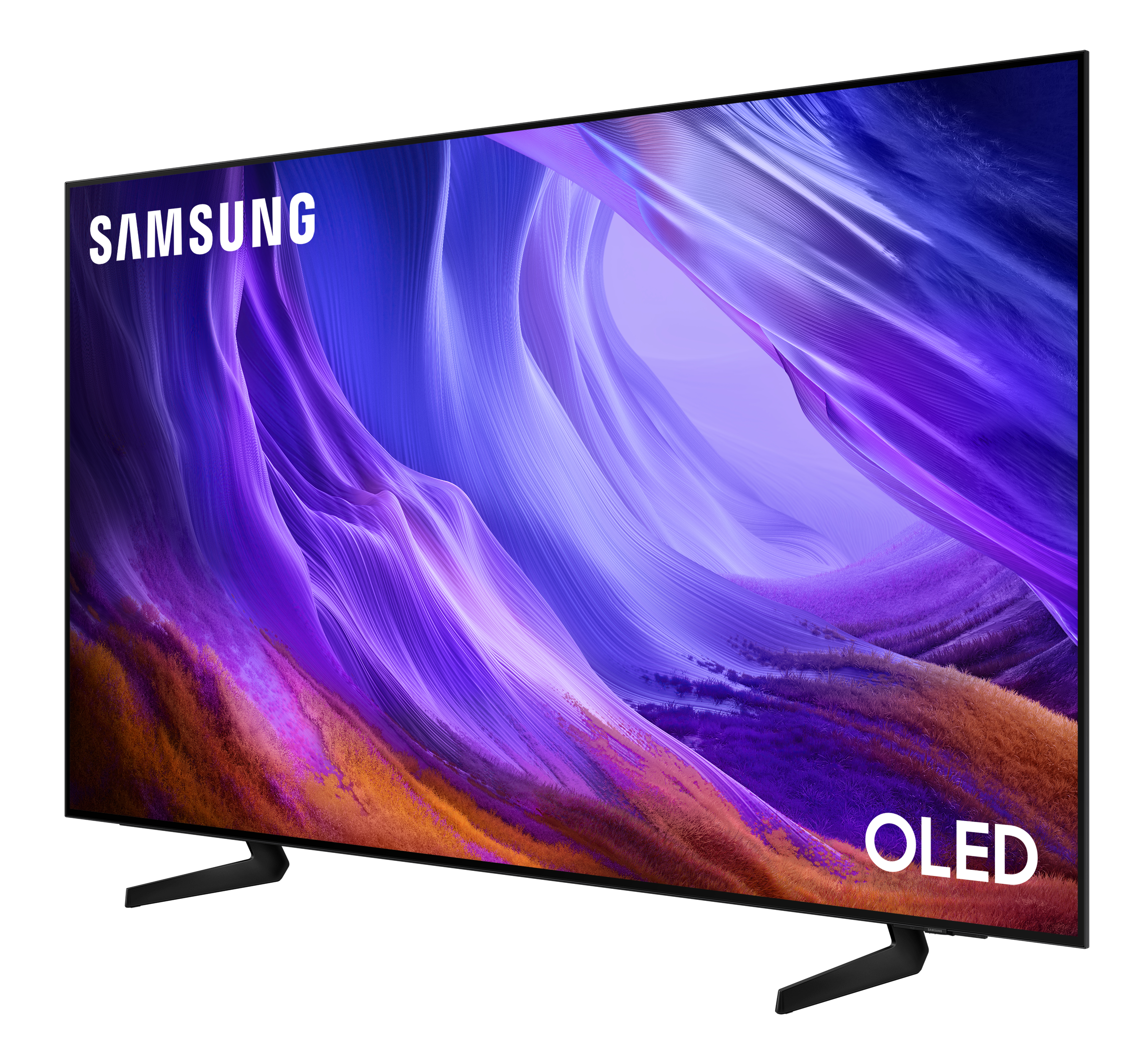 Telewizor Samsung OLED wyświetlający abstrakcyjny obraz w odcieniach fioletu i pomarańczy.