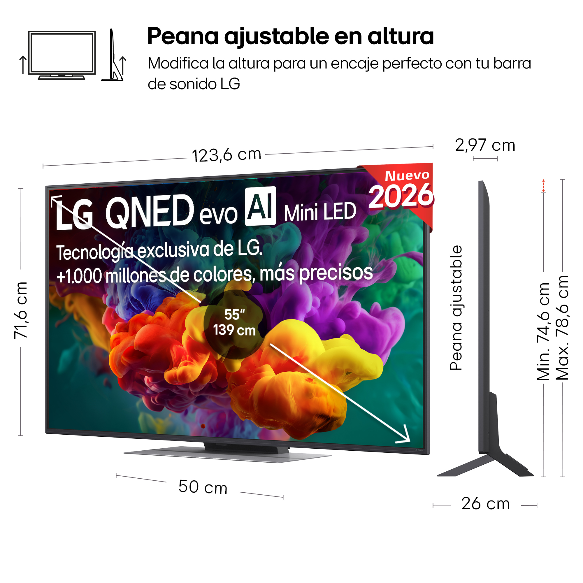 Un televisor LG QNED Mini LED de 55 pulgadas con peana ajustable.