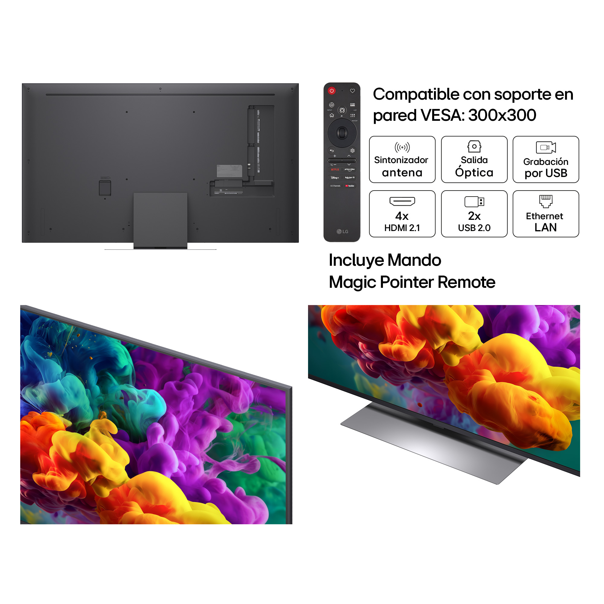 Parte trasera del televisor LG con puertos y soporte VESA. Mando y nubes de humo coloridas.