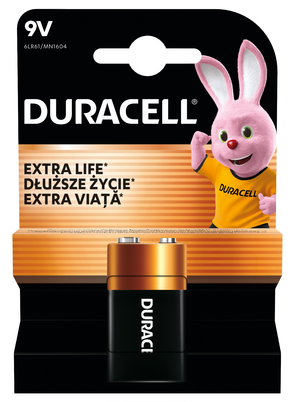 Bateria Duracell 9V w opakowaniu z różowym królikiem.