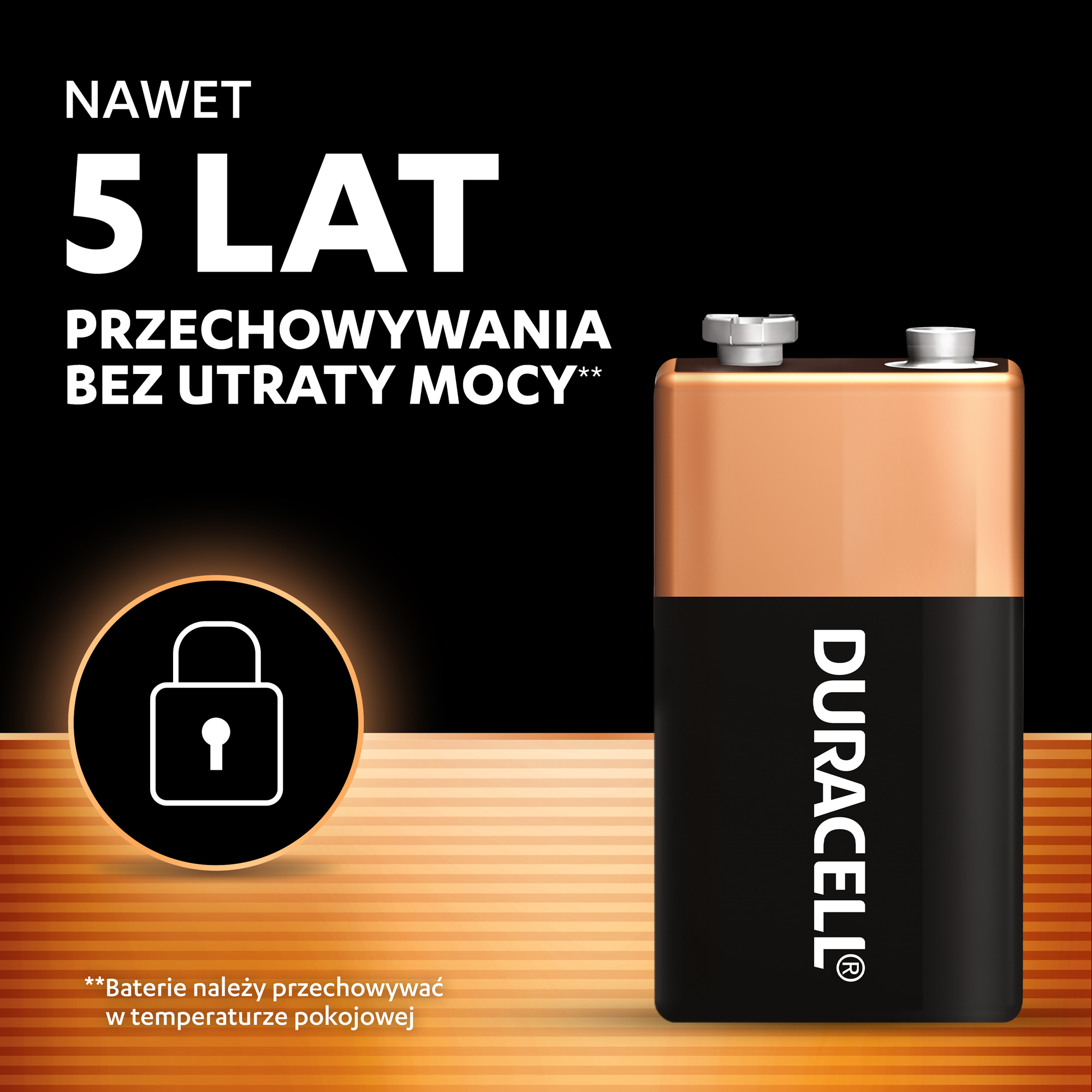 Bateria Duracell 9V na czarnym tle z tekstem i ikoną kłódki.