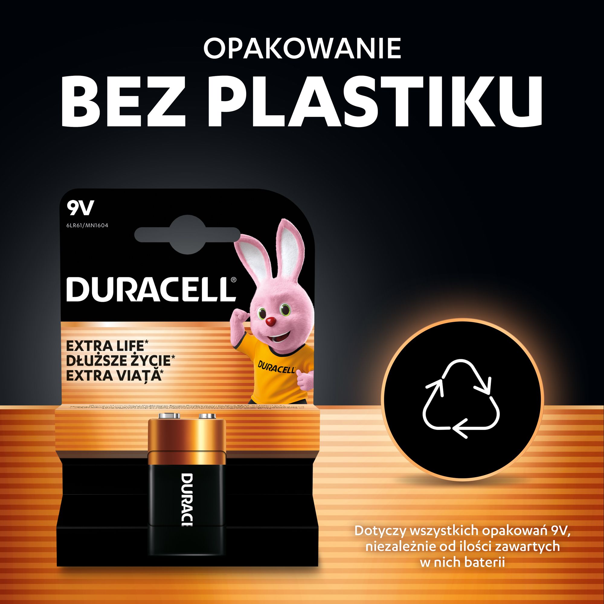 Bateria Duracell 9V w opakowaniu bez plastiku z królikiem.