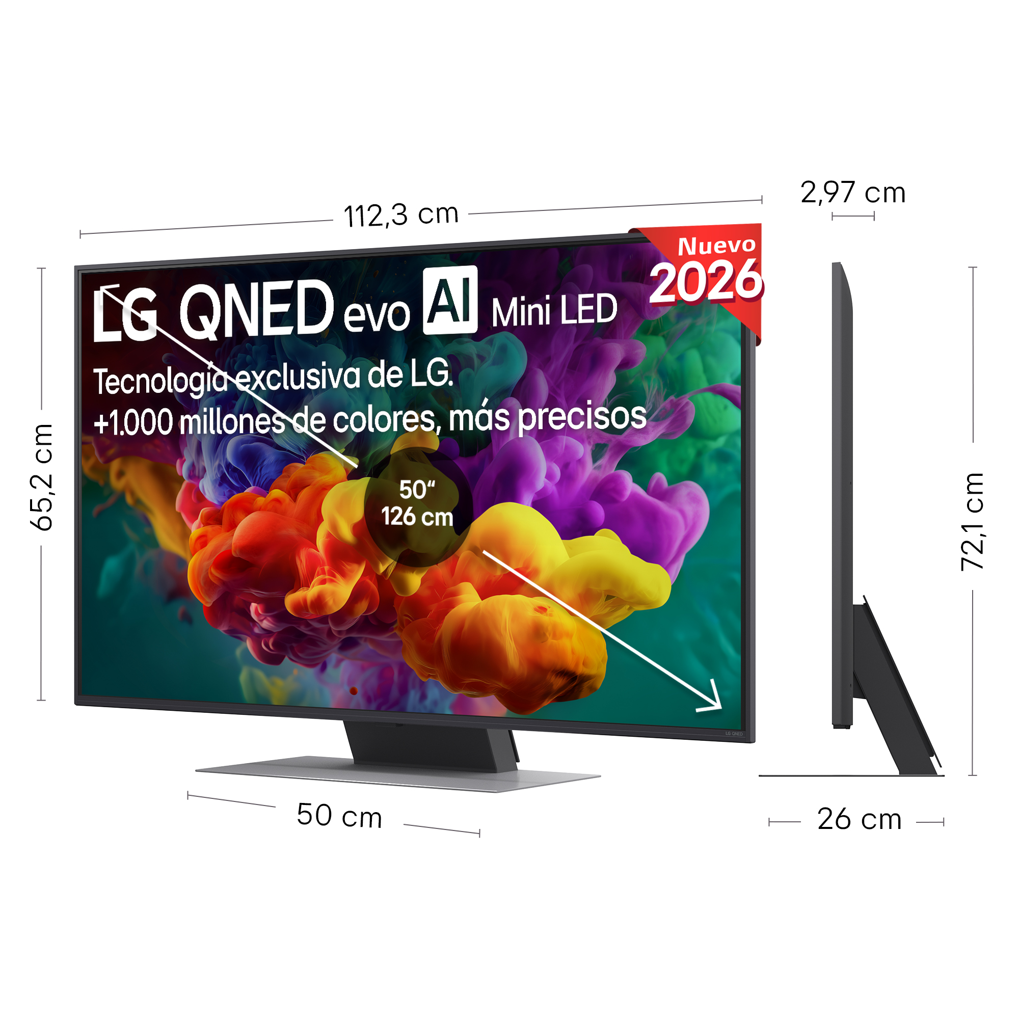 TV LG QNED Mini LED, pantalla de 50 pulgadas, medidas 112,3x65,2x2,97 cm.