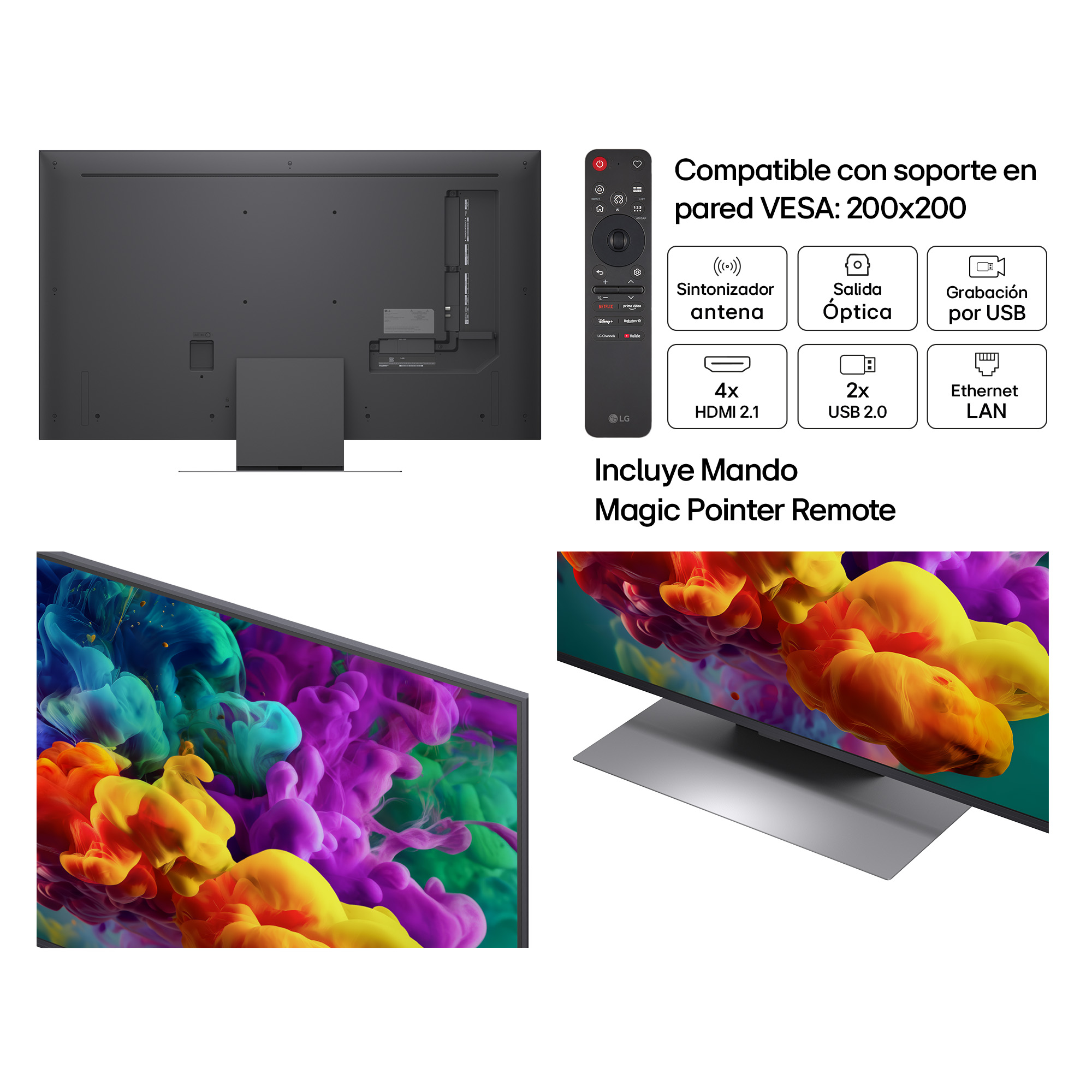 Parte trasera de TV con puertos, accesorios, control remoto y pantalla colorida. Compatible VESA.