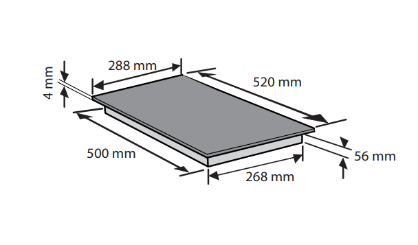 Főzőlap műszaki rajza méretekkel: 520x288mm felső, 500x268mm alsó, magasság 56mm, vastagság 4mm.