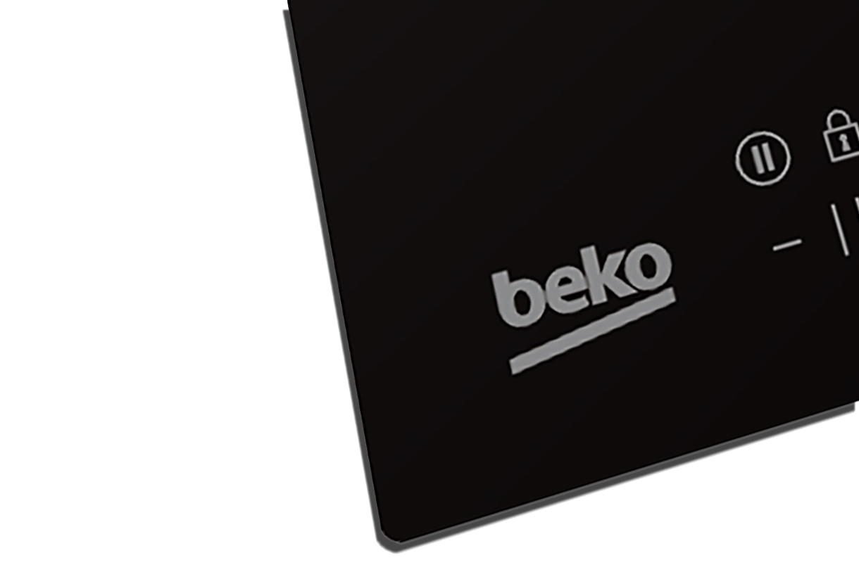 Beko logó fekete főzőlapon vezérlőgombokkal.
