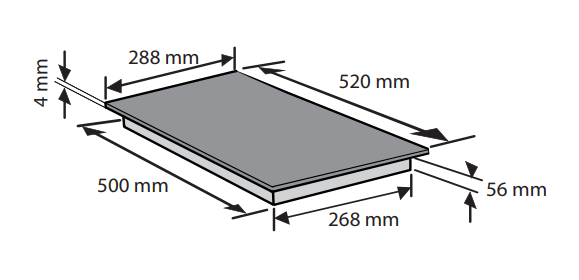 Szürke lap méretekkel: 520x288 mm, magasság 4 mm, alap 500x268 mm, magasság 56 mm.