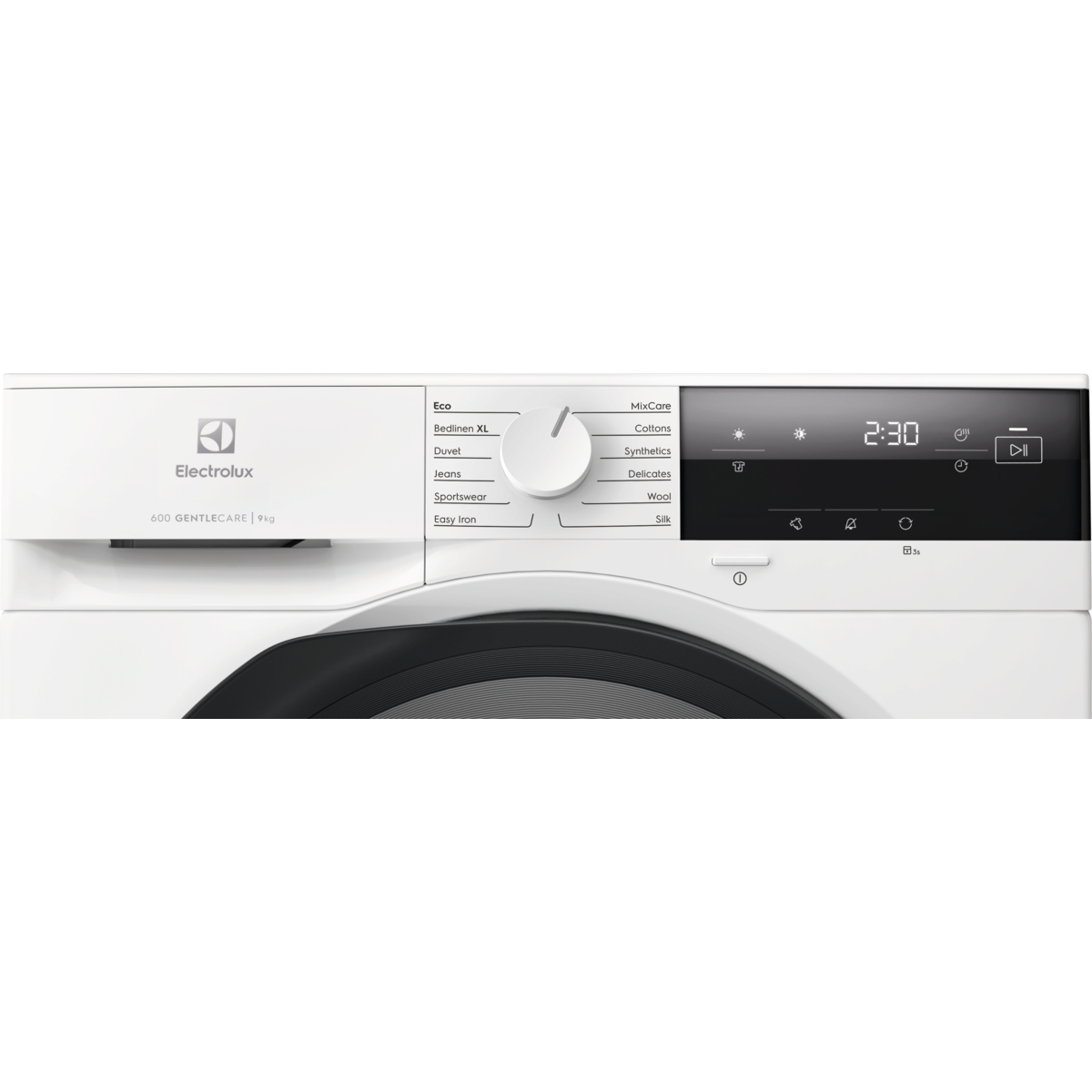 Electrolux mosógép fehér kezelőpaneljének közeli képe programválasztással.