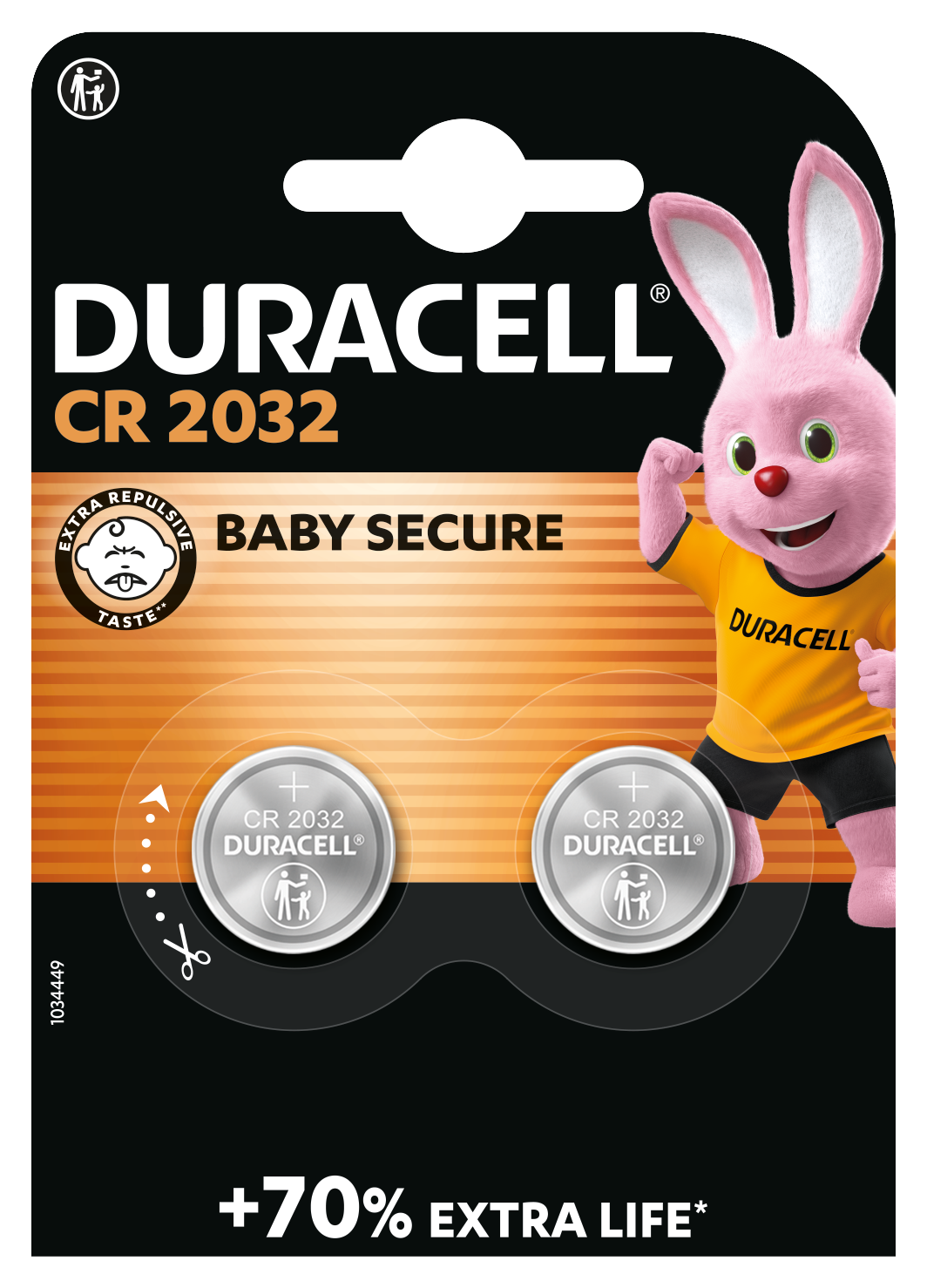 Baterie Duracell CR2032 z funkcją bezpieczeństwa dla dzieci i różowym królikiem.