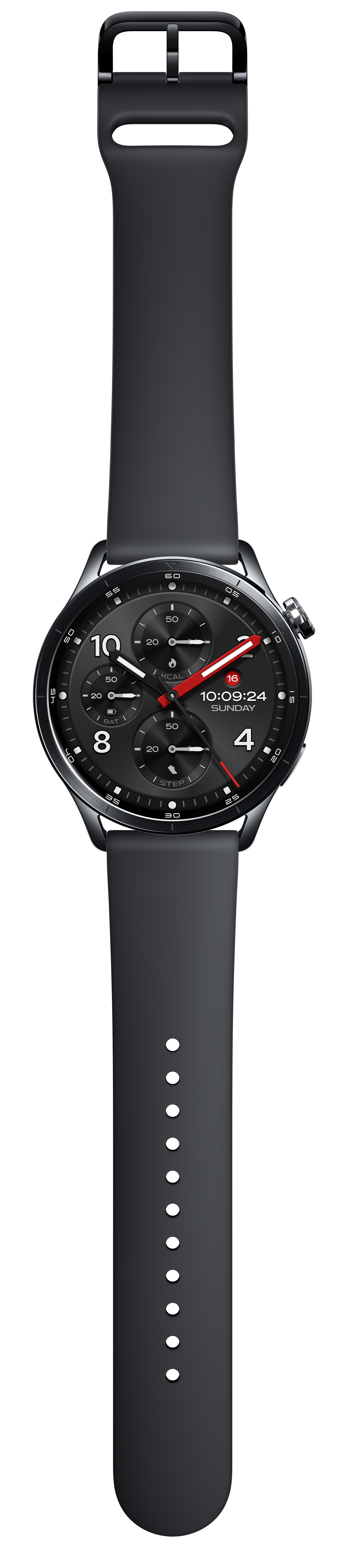 Ciemny smartwatch ze srebrną ramką i czarną bransoletą.