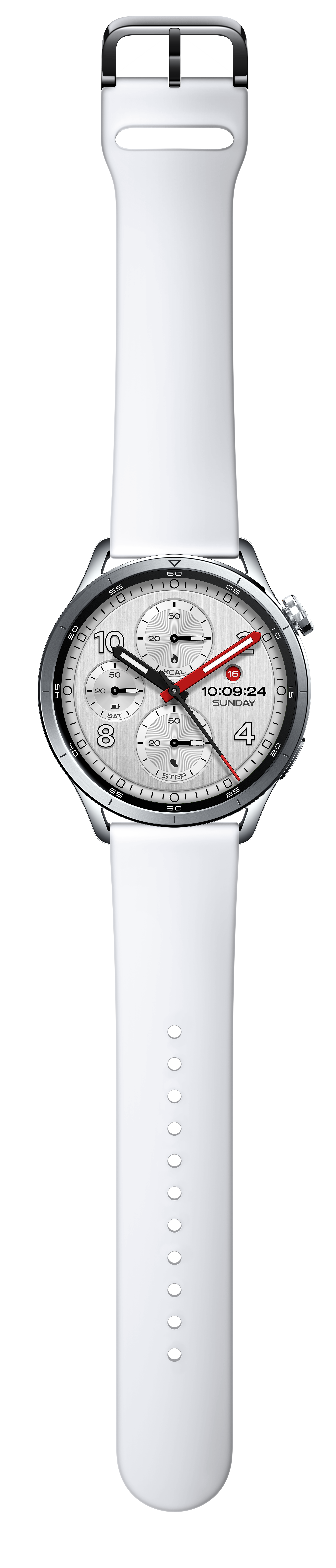 Srebrny smartwatch z białym paskiem i srebrną tarczą.