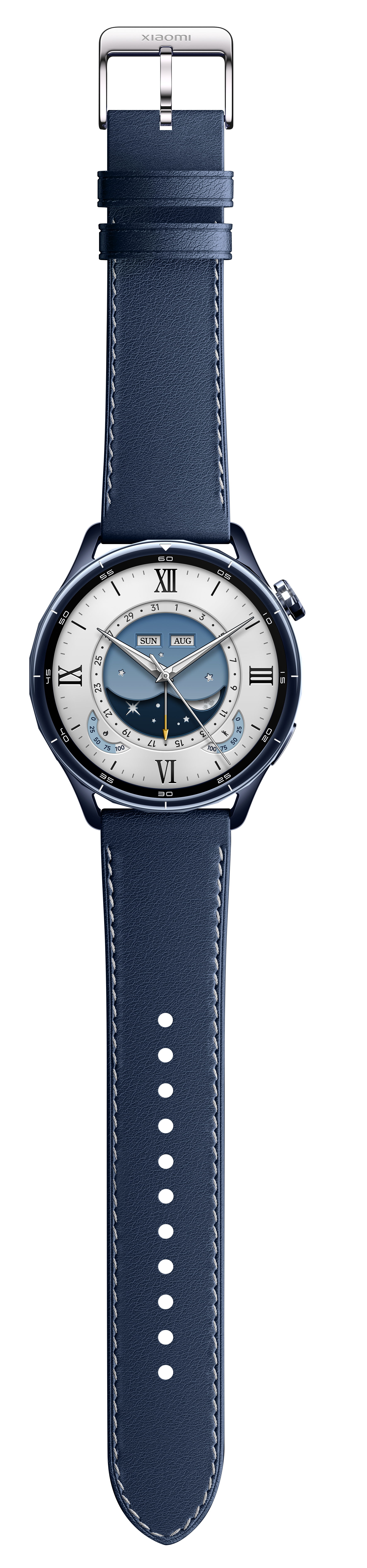 Niebieski smartwatch ze srebrnymi wskazówkami i cyframi rzymskimi na czarnym tle.