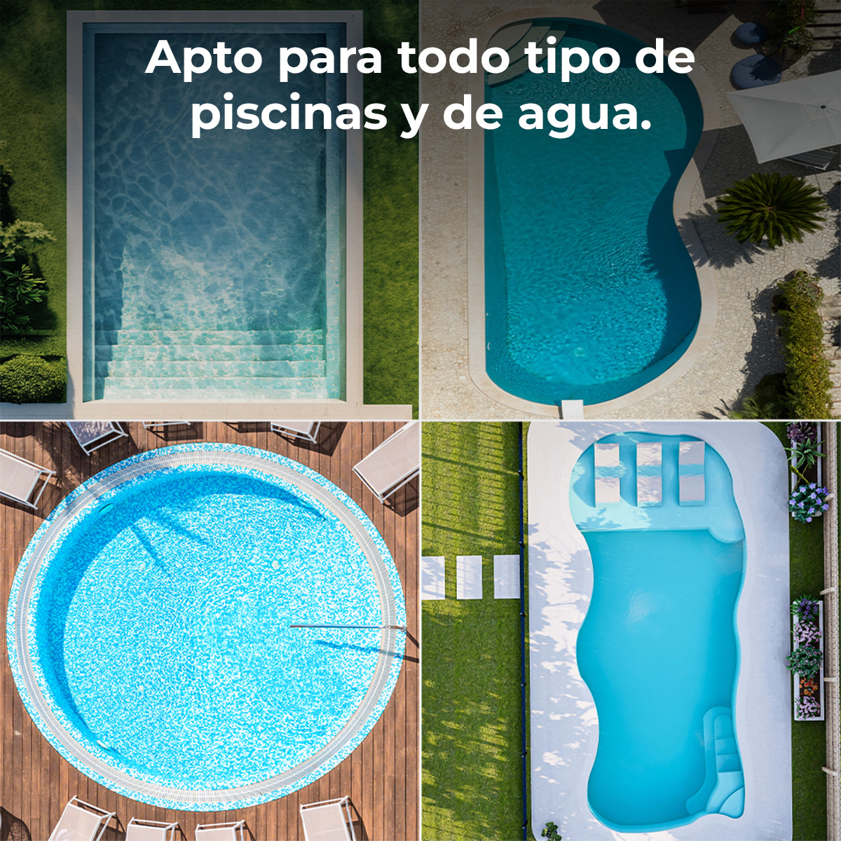 Cuatro piscinas: rectangular con escalones, curva, redonda y de forma orgánica.