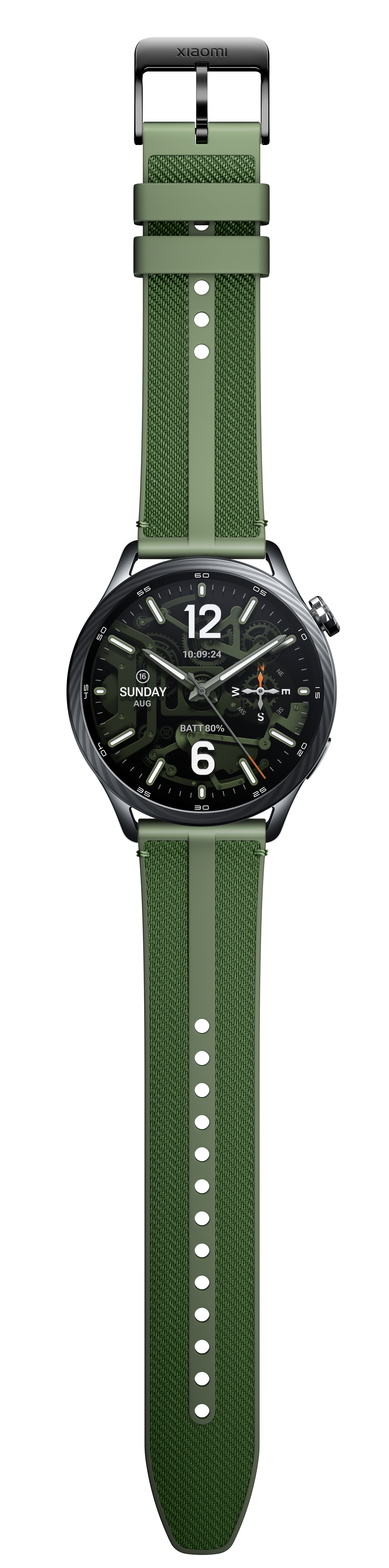 Zielony smartwatch z cyfrowym wyświetlaczem pokazującym datę, godzinę i poziom baterii.