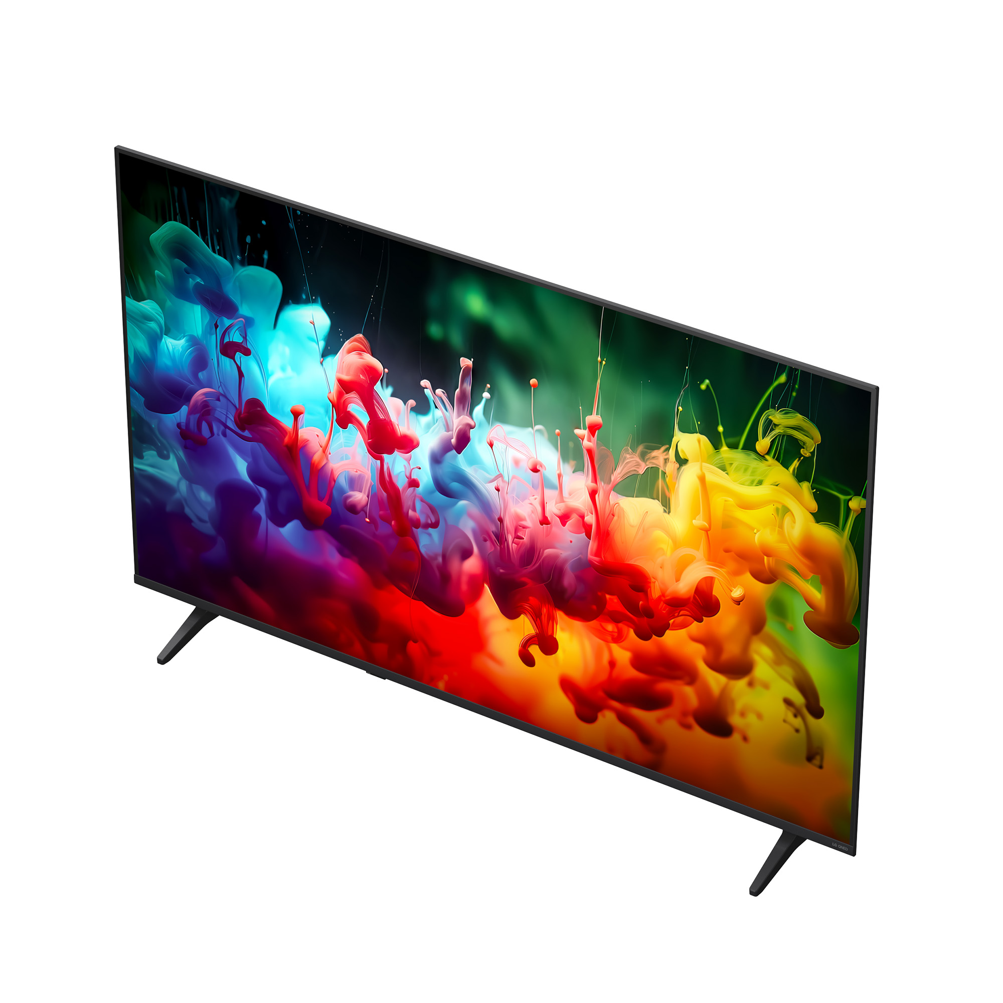 Un televisor moderno con nubes abstractas de tinta de colores en la pantalla y patas negras.