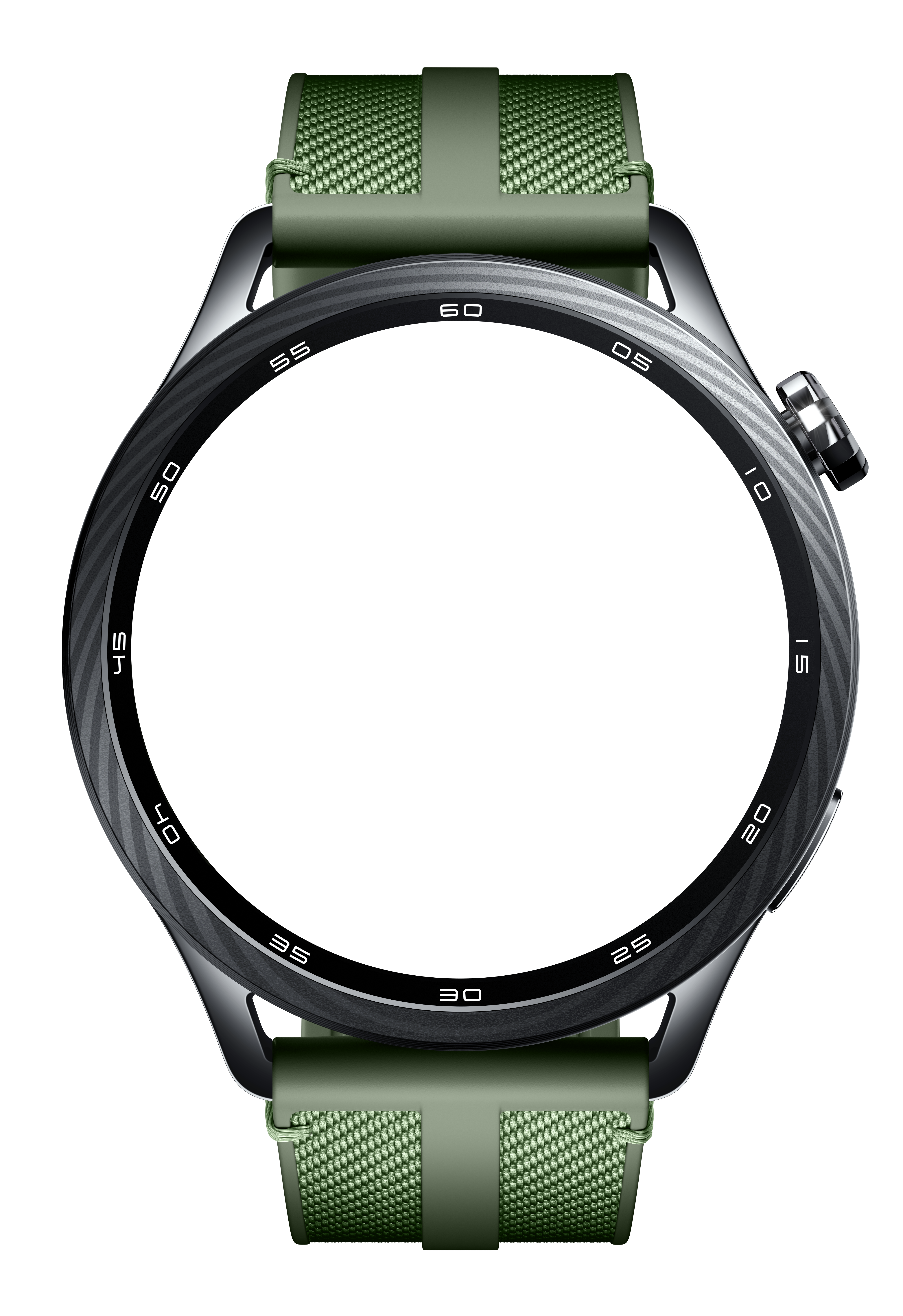 Zielony smartwatch z czarną, paskowaną ramką i srebrnymi cyframi.