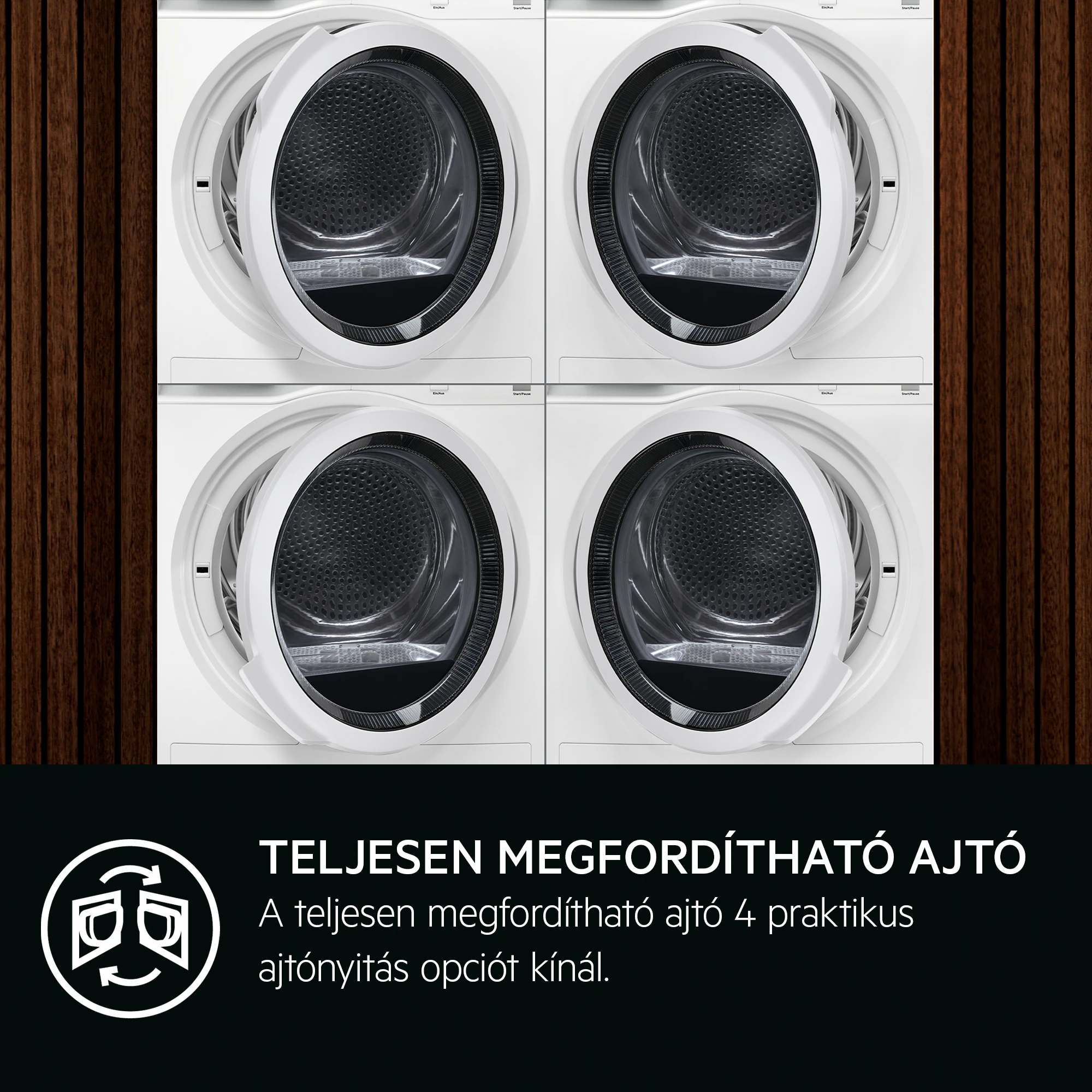 Négy fehér mosógép nyitott ajtókkal, sötétbarna fa falburkolat mellett.
