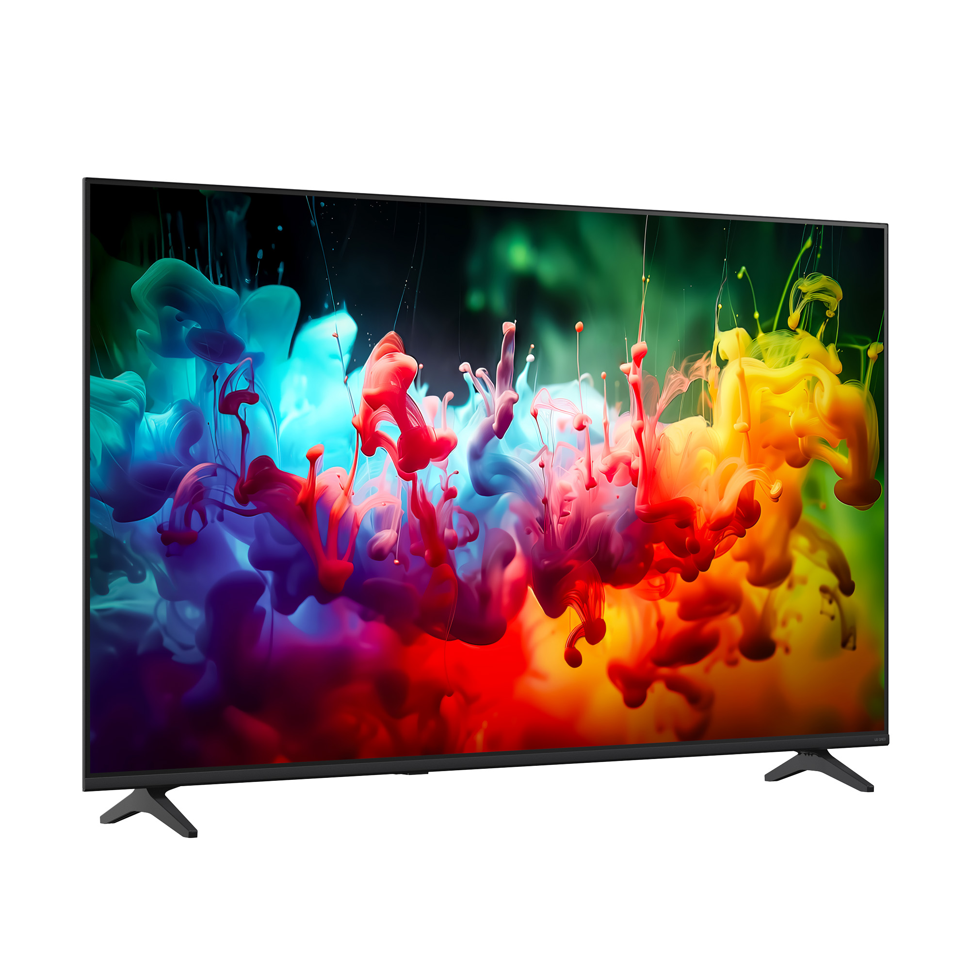 Un televisor negro de pantalla plana muestra nubes de tinta coloridas en azul, rojo y amarillo.