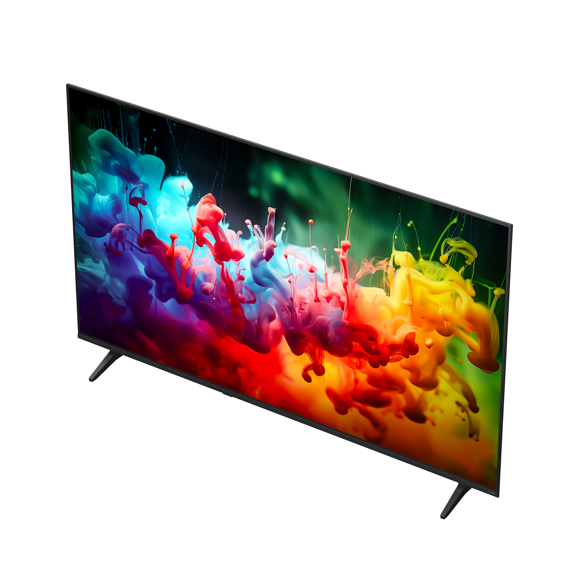 Un televisor moderno con vívidas salpicaduras de tinta abstracta sobre fondo oscuro.
