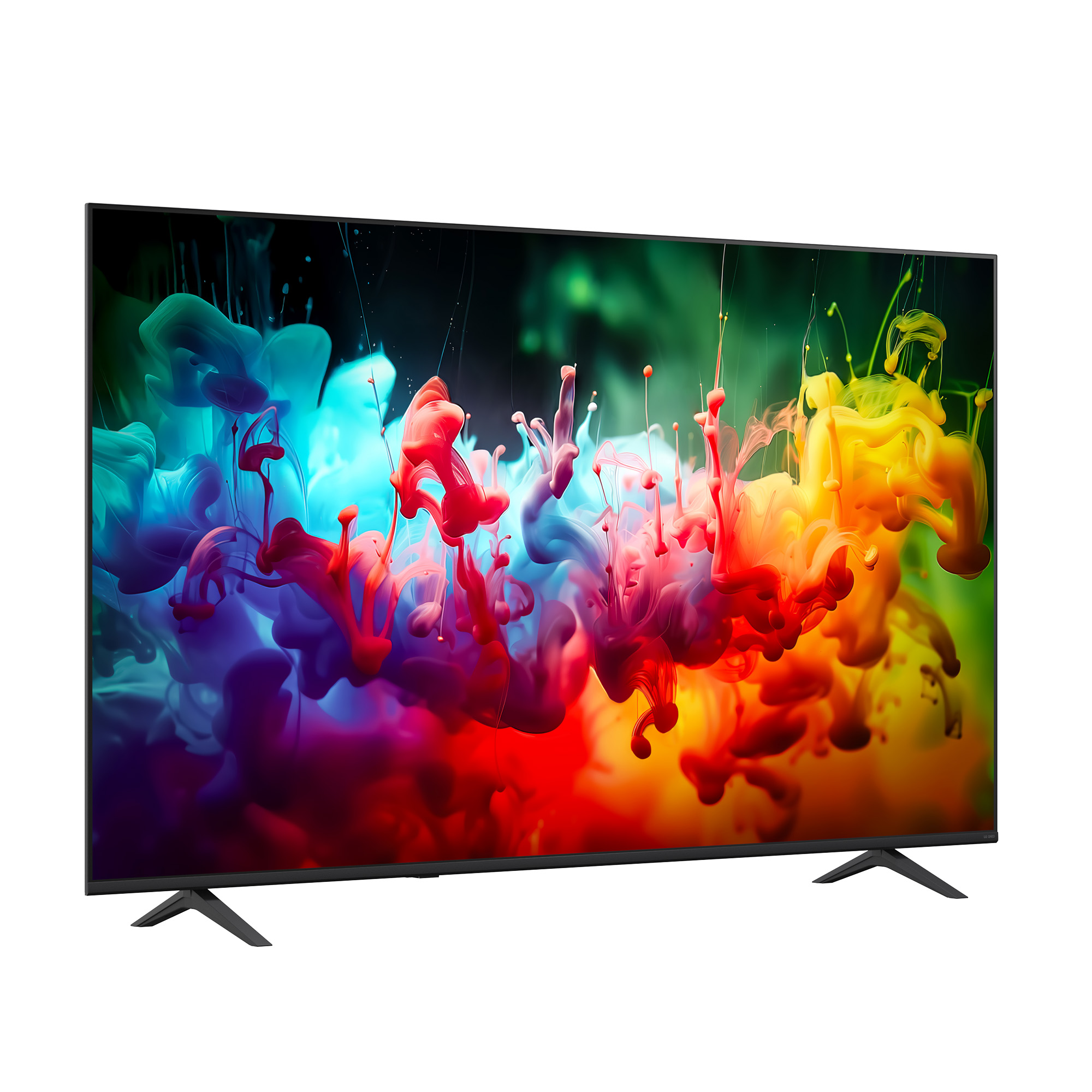 Un televisor de pantalla plana muestra una imagen abstracta y colorida de colores disolviéndose.